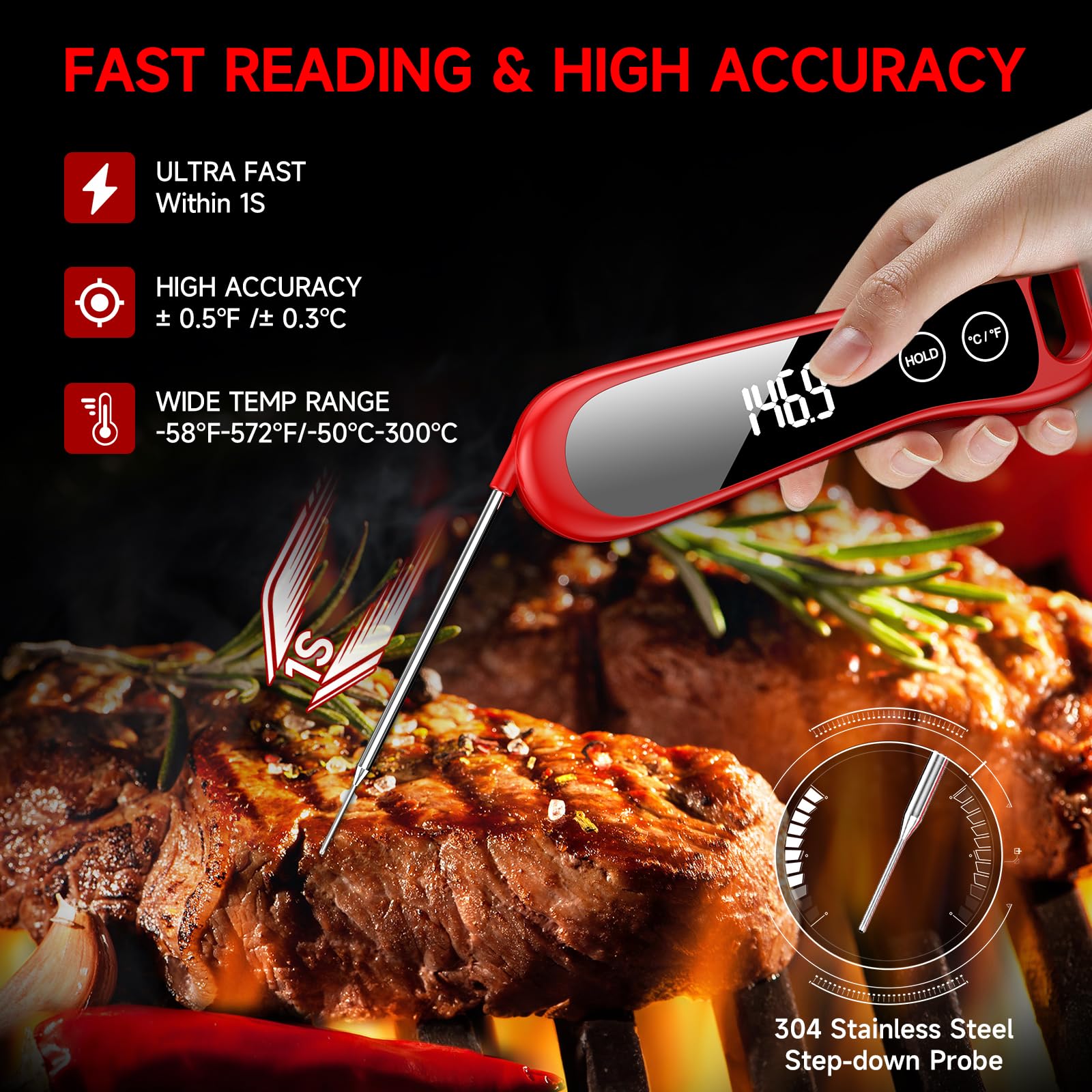 2024 Newest Meat Thermometer Digital-1 Second Instant Read Food Thermometer-Large LED Display-IP67 Waterproof Kitchen Thermometer for Grilling and Cooking for Oven, BBQ, Smoker, Candy, Turkey