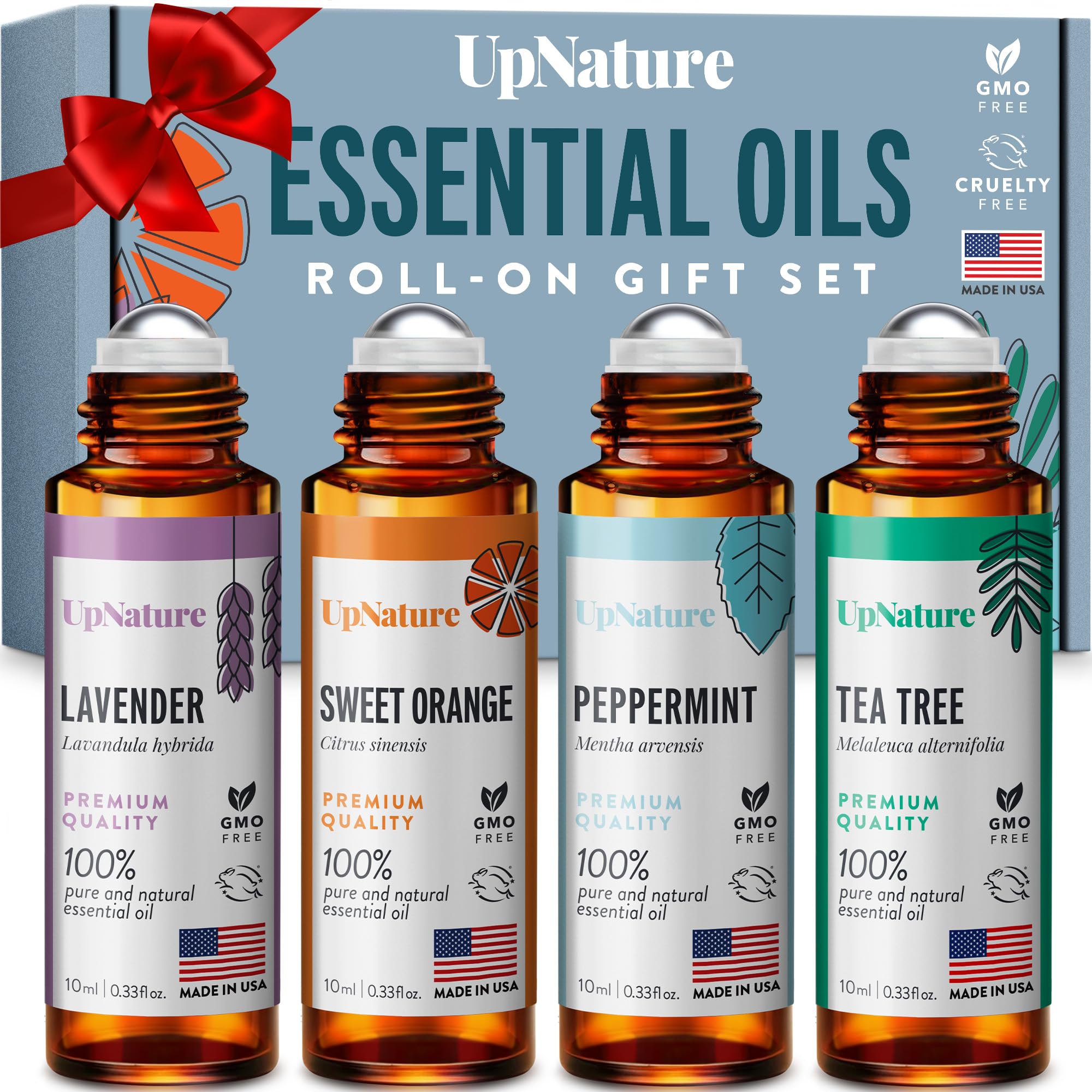 UpNature Top 4 Essential Oil Roll On Gift Set - Peppermint, Lavender, Tea Tree, Sweet Orange -Gift for Mom, Women & Men, Relaxing Gifts for Mom, Women & Men Essential Oil Set, Stocking Stuffer