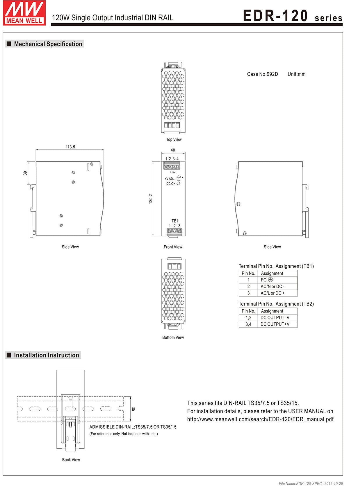 MEAN WELL EDR-120-24 Single Output DIN Rail Power Supply 24V 5 Amp 120W