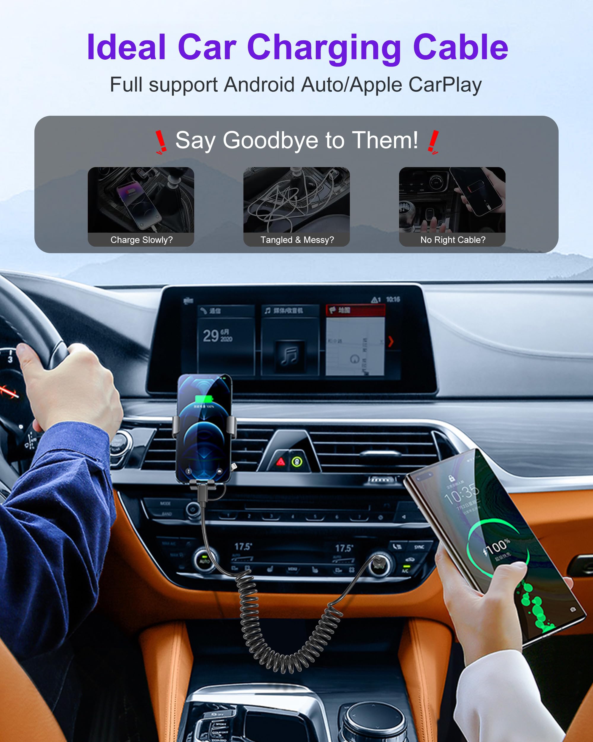 USB to USB C and Lightning Cable Combo 2 in 1 Coiled Cable Support Apple Carplay & Android Auto 3A Fast Charge Data Sync Short Curly Lightning and USB C Dual Cable for iPhone 15 14 13 12 Android, 3FT