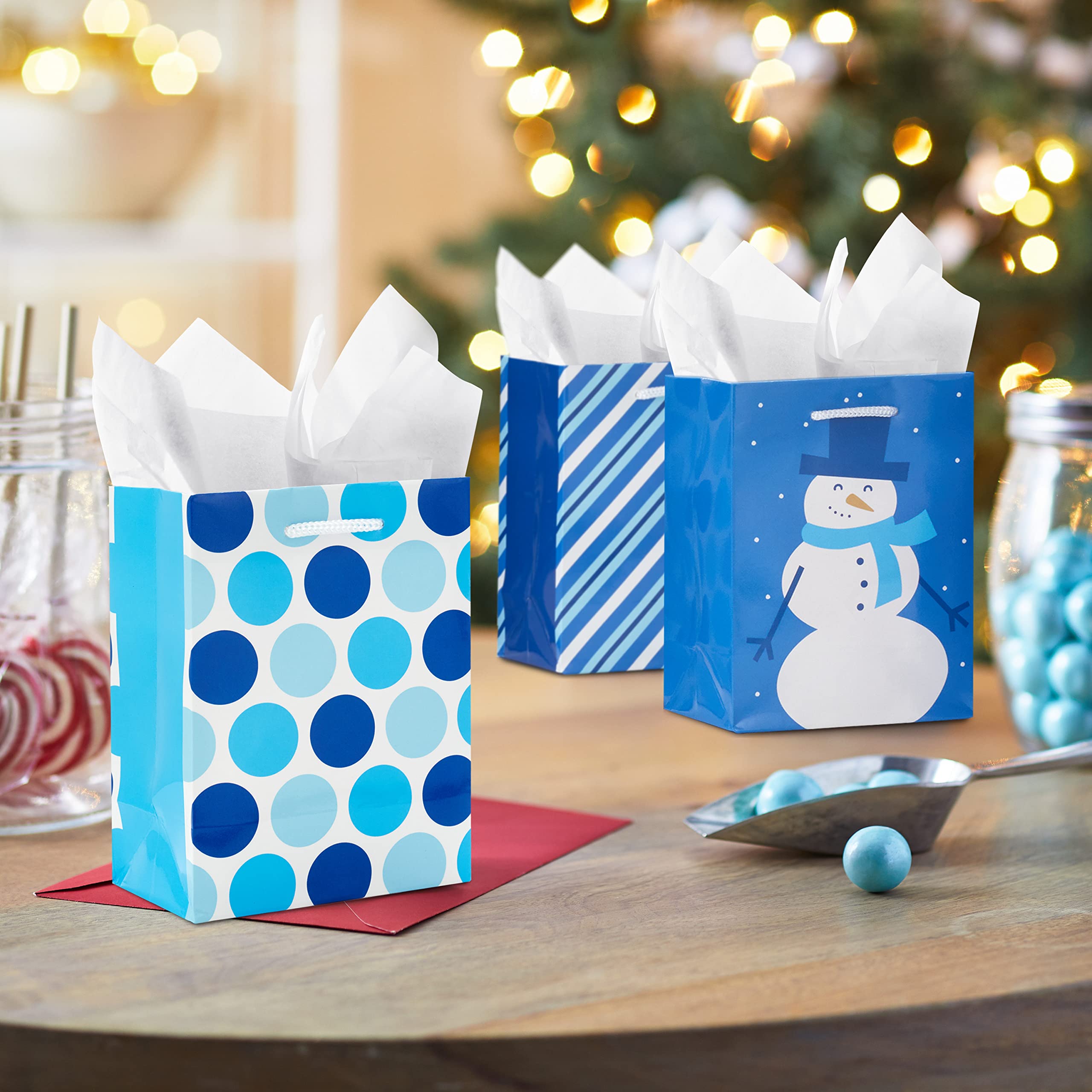 Image Arts 5" Small Gift Bags Bulk (10 Blue and White Bags, Snowflakes, Stripes, Snowmen, Polka Dots) for Kids, Coworkers, Gift Cards, Party Favors