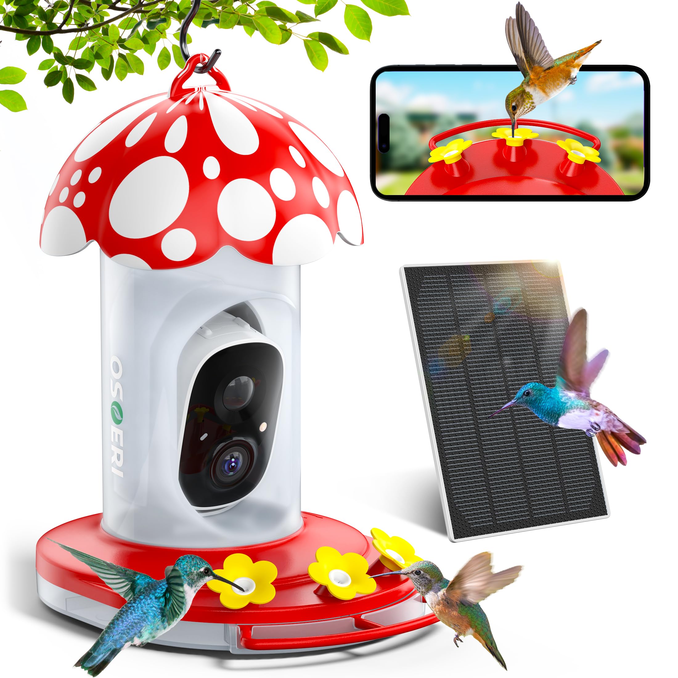 Osoeri Hummingbird Feeder with Camera, 2K HD AI Identify Solar Bird Feeders Camera for Outdoors Hanging, Smart Auto Capture Motion Bird Videos, Ant & Bee Proof, Ideal Gift for Bird Lovers&Family