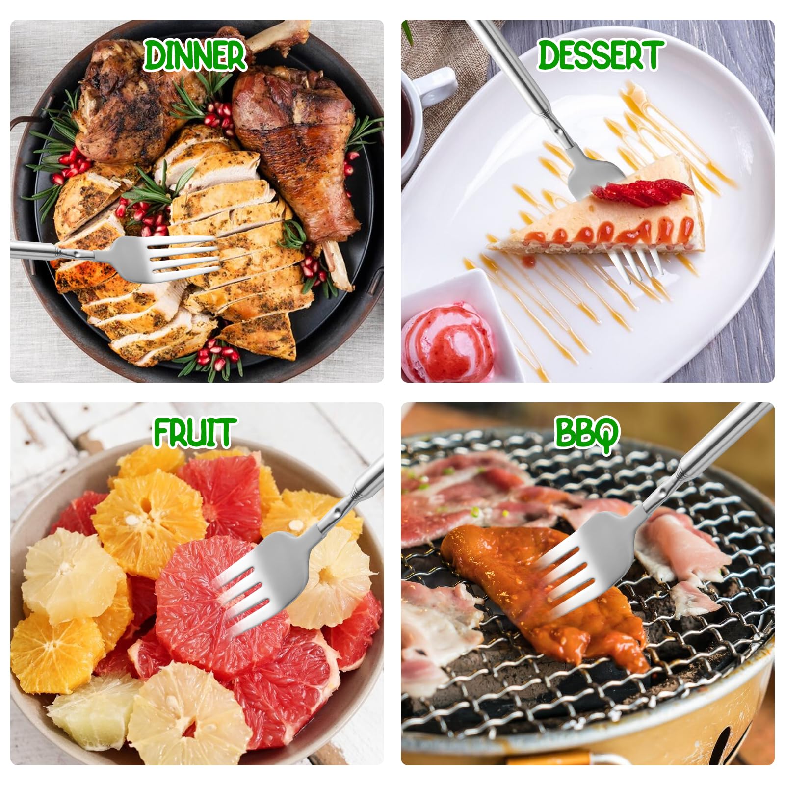 【2 PCS】Extendable Fork for Jokes, Expandable Forks, Extended/Extending/Extend Extension from 8.7" to 25.4" Long, Stainless Steel Telescopic/Telescoping/Retractable Fork. Silver