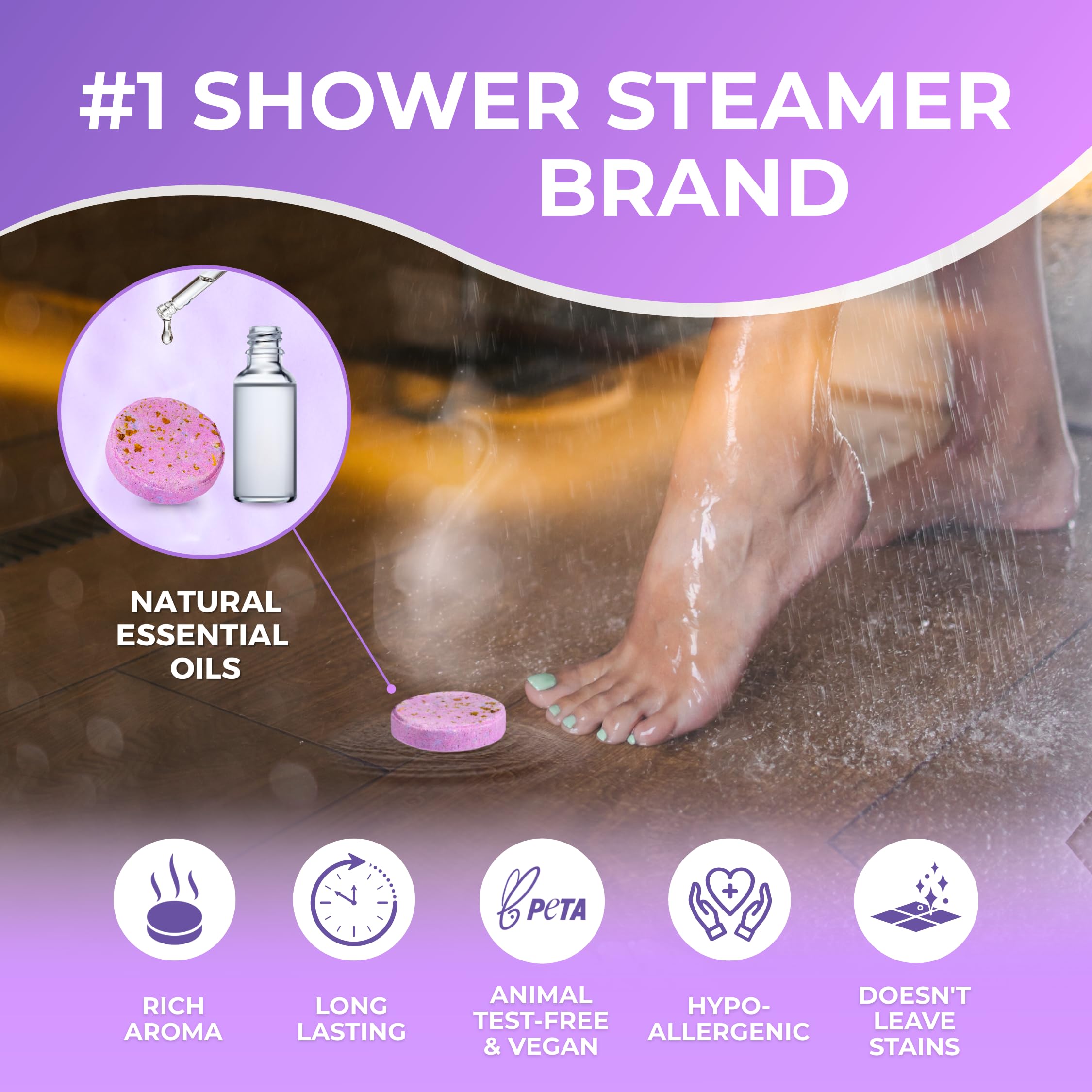 Cleverfy Shower Steamers Aromatherapy - Christmas Gifts for Women and Stocking Stuffers for Adults and Teens. Box of 6 Premium Self Care Shower Bombs with Essential Oils. Purple Set