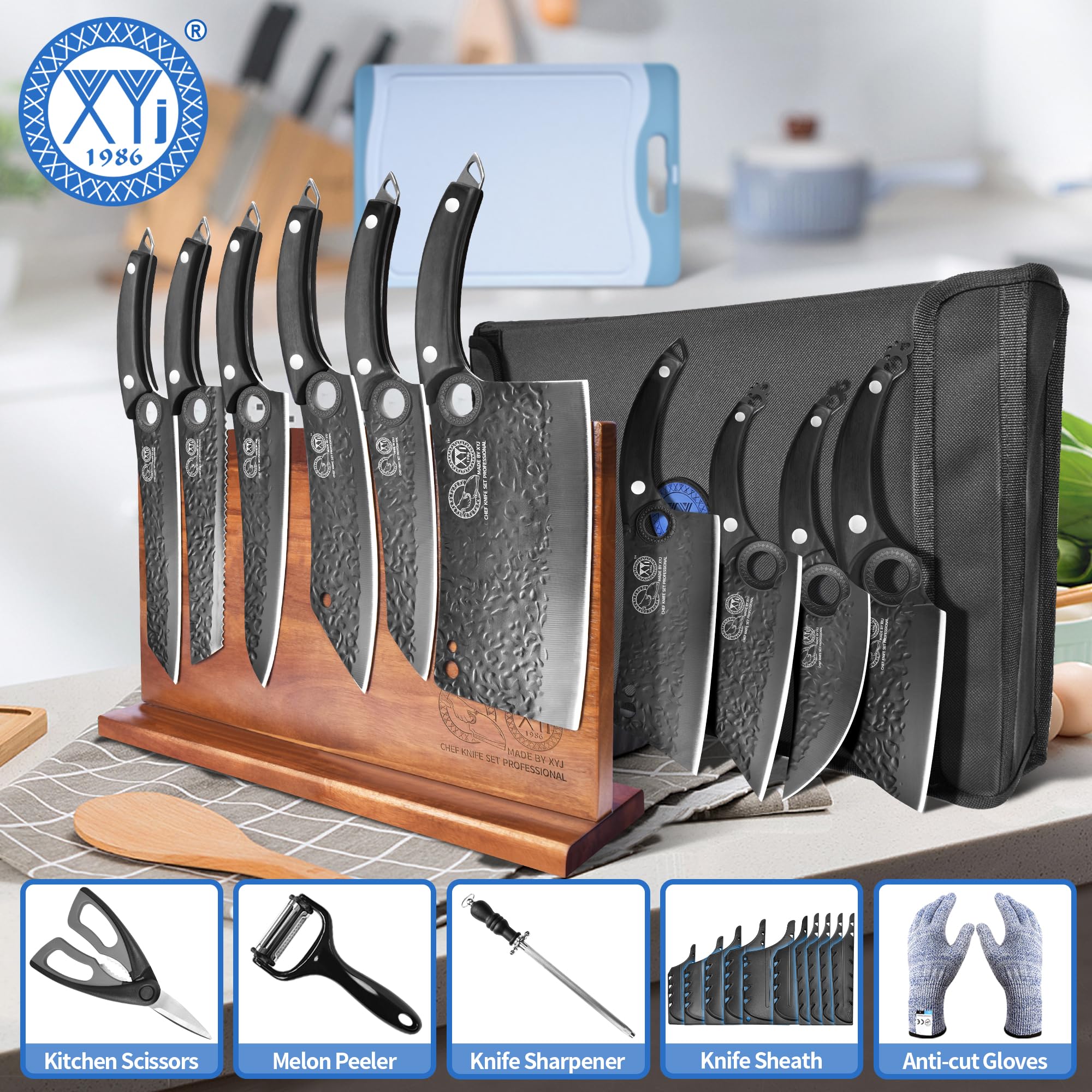 XYJ Professional Black Kitchen Knife Set with High-Carbon Steel forged Blades, Chef's Knife, Cleaver, Carving Knife, Nakiri, Includes Carrying Bag & Poultry Scissors,Gift Bag Christmas Gifts