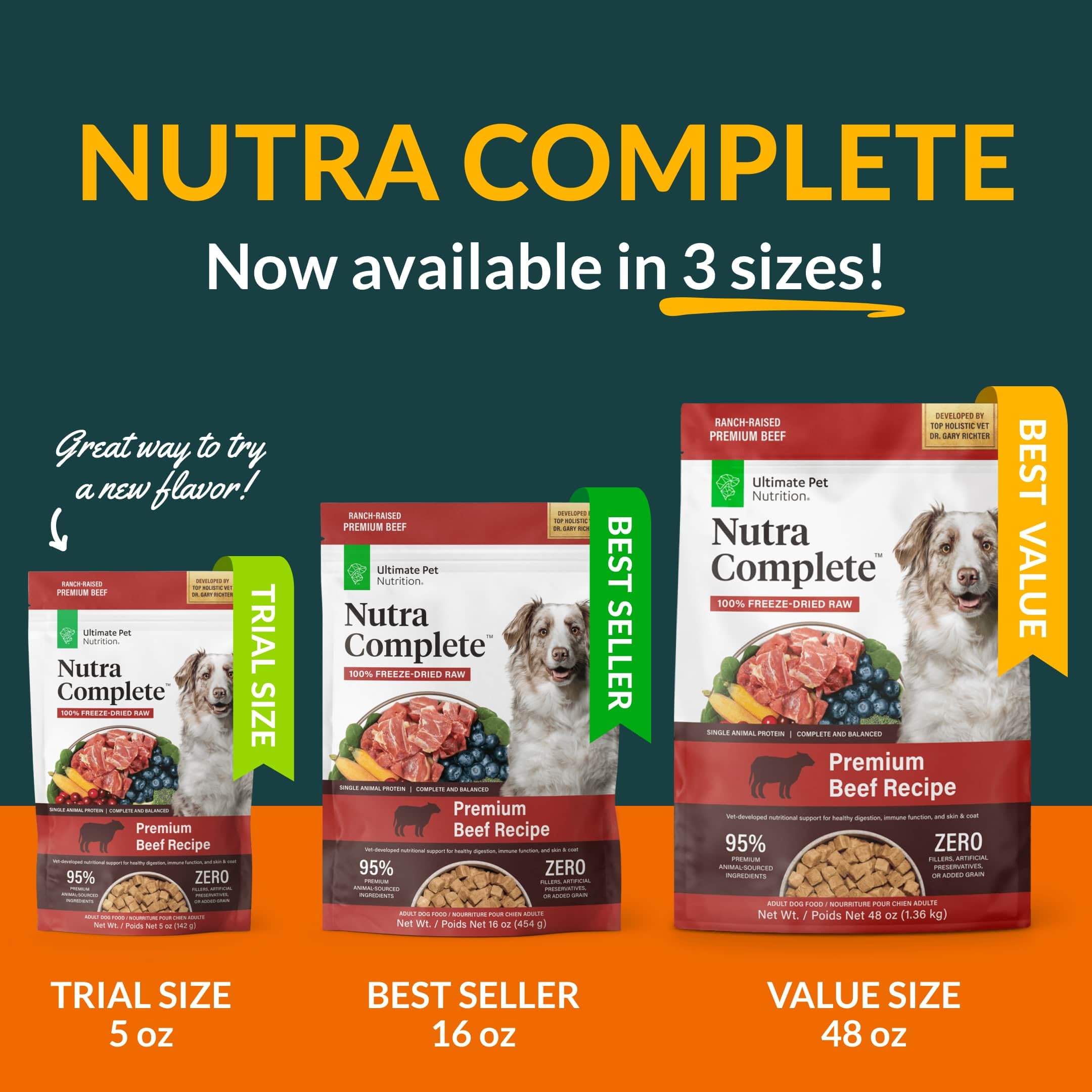 ULTIMATE PET NUTRITION Nutra Complete, 100% Freeze Dried Veterinarian Formulated Raw Dog Food with Antioxidants Prebiotics and Amino Acids (1 Pound, Beef)