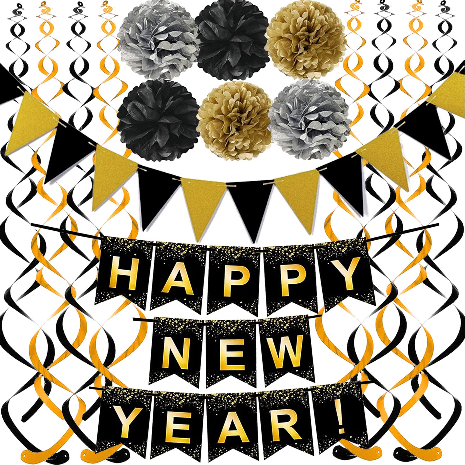 Happy New Year Set Black Banner with Gold Black Paper Flag Bunting Swirl Streamers & Pom Poms for Happy New Year Party Decorations