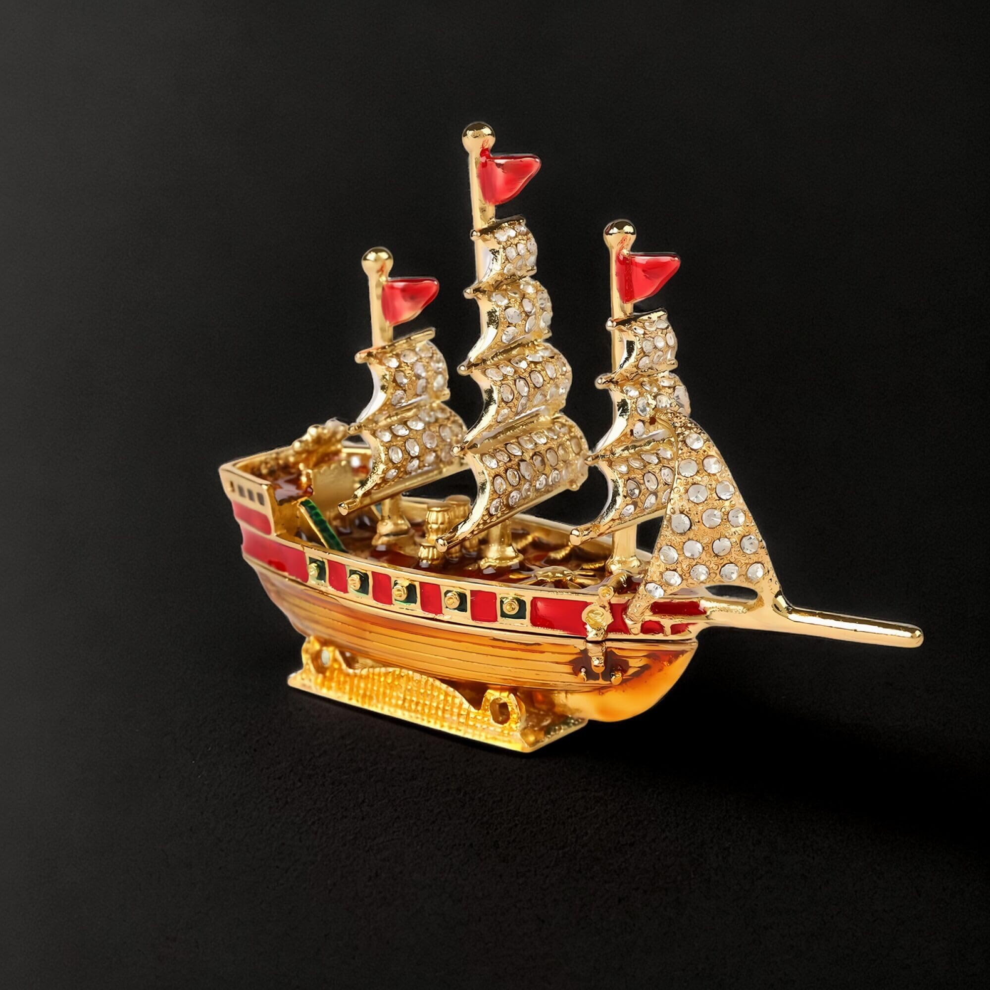 Luxury Jewelry Trinket Box in the Sailing Ship Shape - Hand Painted, Gold Plating, Gemstones - Trinket Boxes Vintage Jewelry Box Rosary Box Jewelry Chest Gold Jewelry Box Earring Gift Box