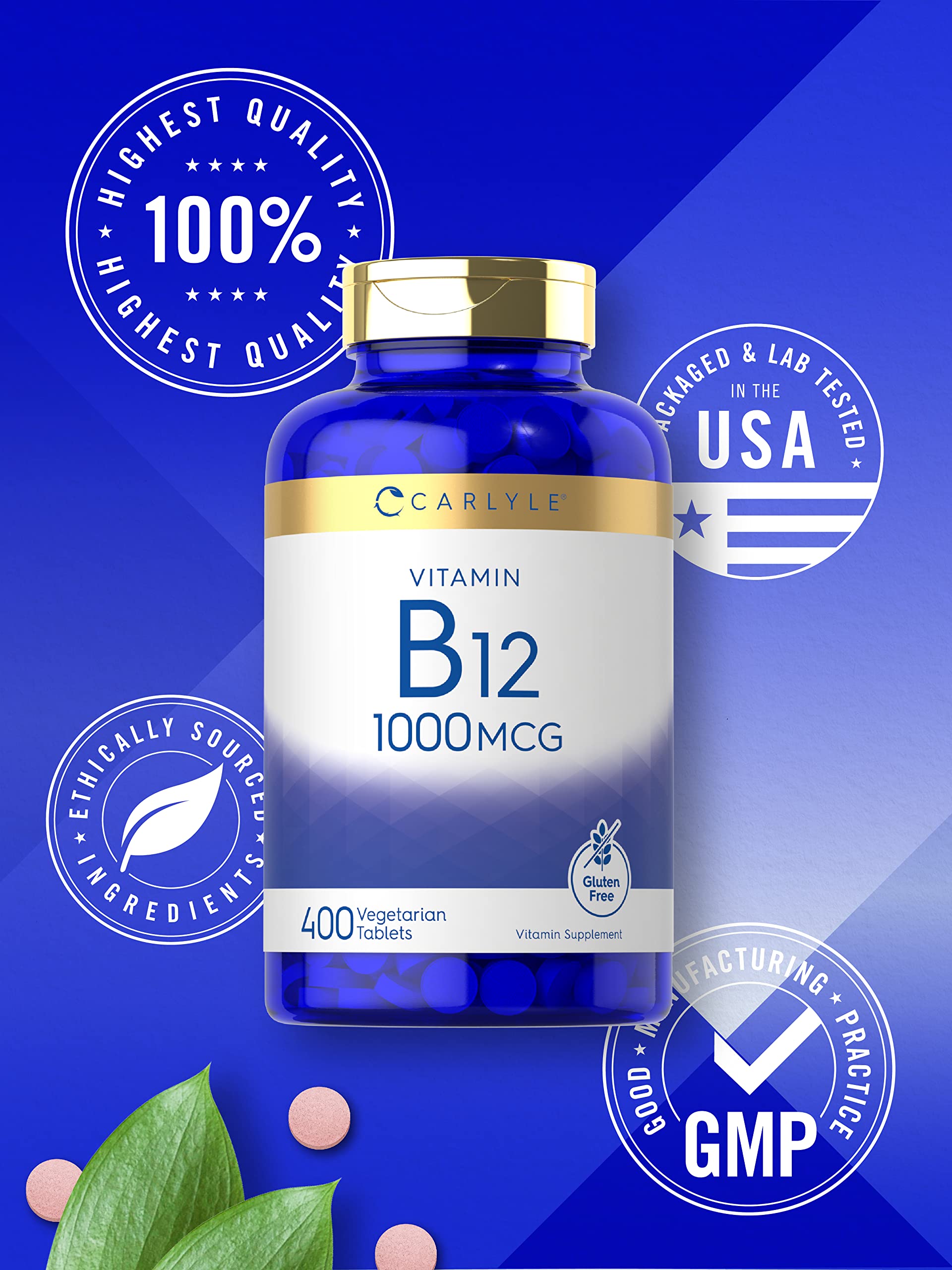 Carlyle Vitamin B12 1000mcg | 400 Tablets | Vegetarian, Non-GMO, Gluten Free Supplement