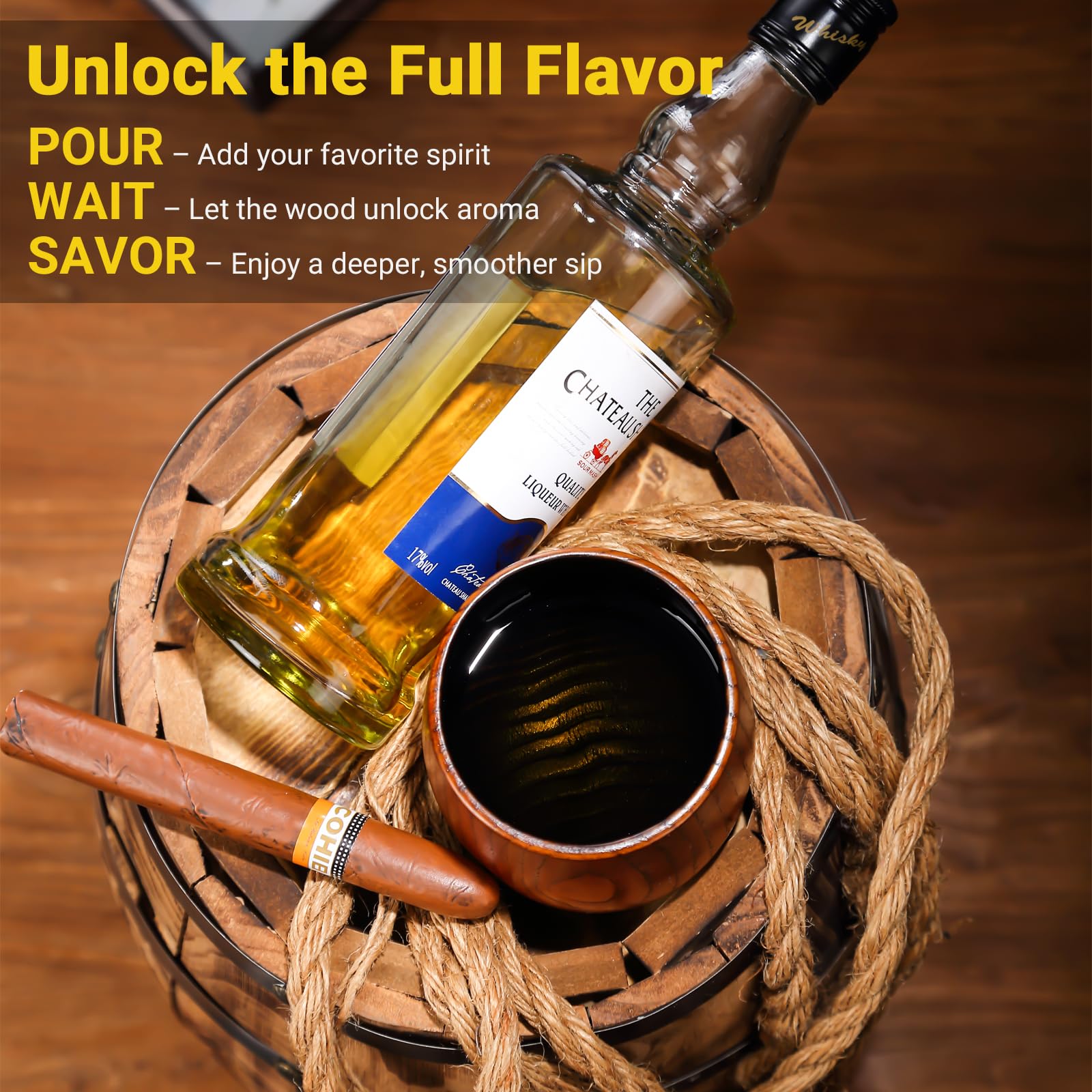 4PCS Charred Wooden Whiskey Glass – Handcrafted Solid Wood Tumbler for Men | Unique Whiskey Gifts | Natural Grain, Flame-Finished Bourbon Glass，Fathers Day Gifts For Dad，Him，Husband