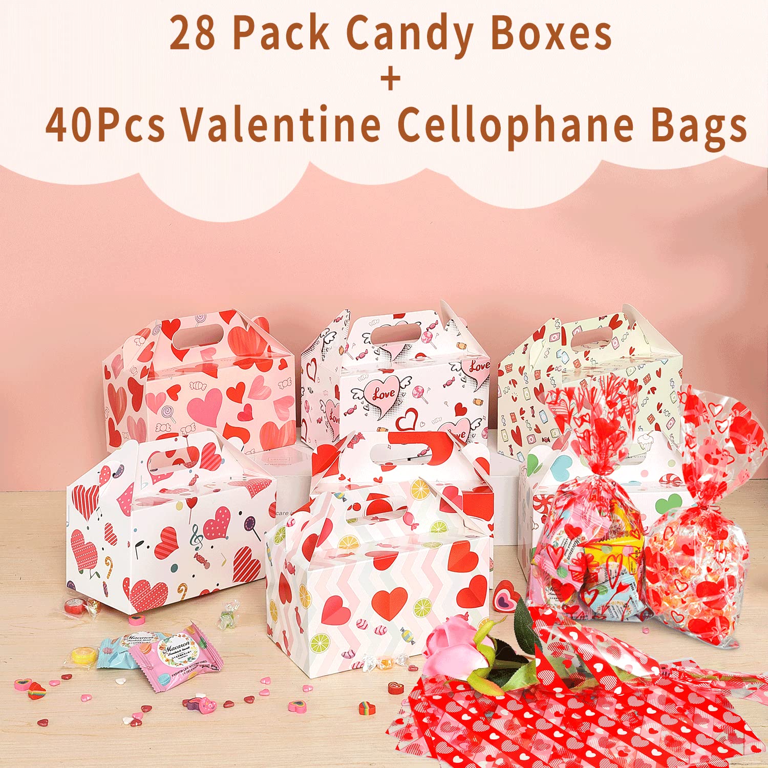 Valentine's Treat Boxes - 28 Pack Candy Bags for Kids' Party Favors, 7 Patterns for Wrapped Gifts