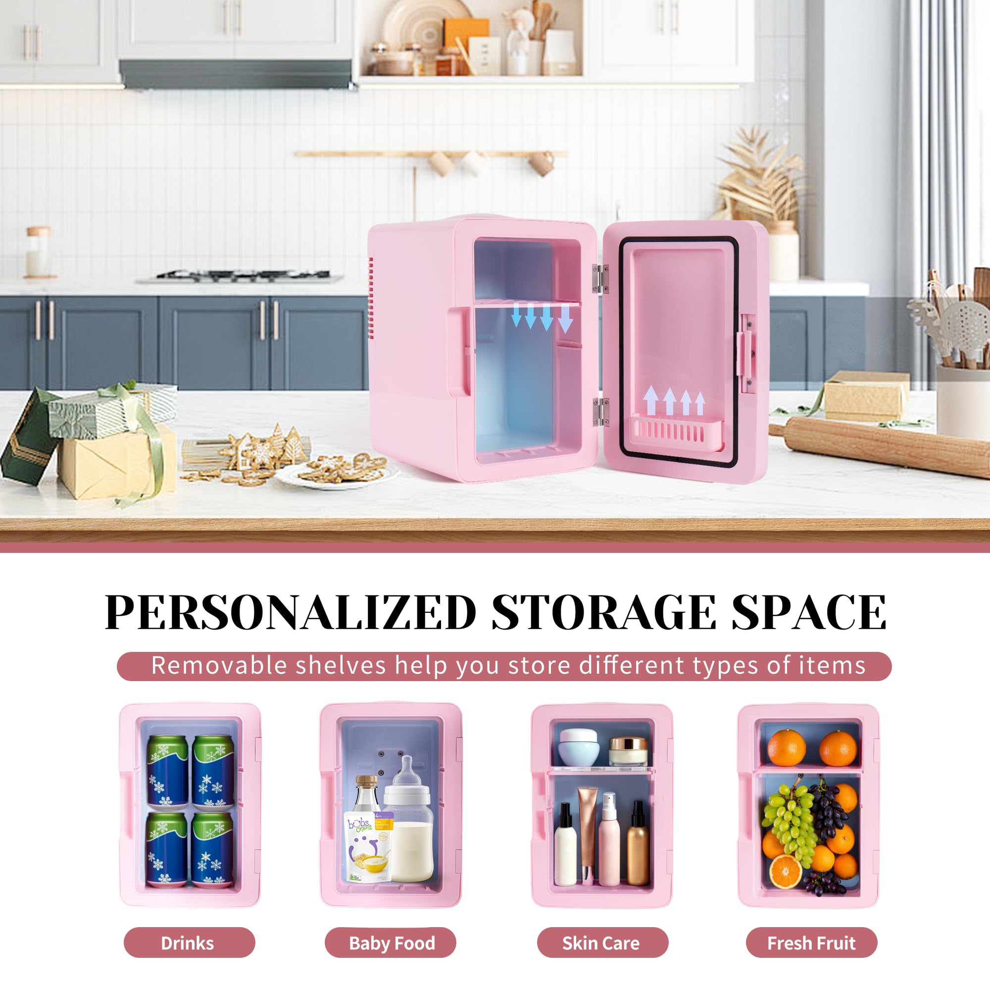 Mini Fridge for Bedroom 6L/8 Cans Skincare Fridge with LED Miroor Portable Cooler & Warmer 110V AC/12V DC Compact Small Refrigerator for Skin Care Cosmetic Beverages Drinks, Office Dorm and Car, Pink