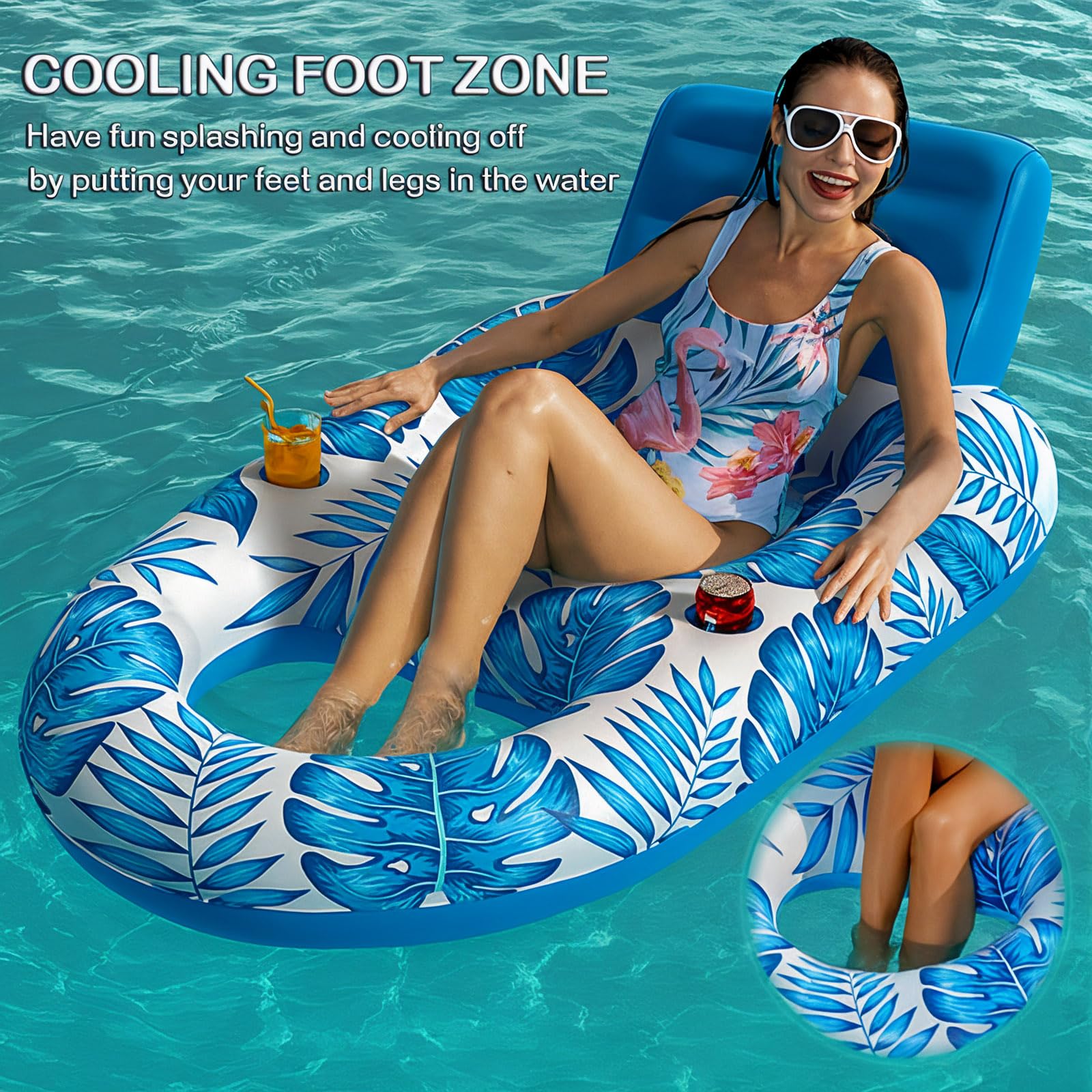 Pool Lounger Floats,Pool Rafts for Adults Large Recliner Tanning Lounge Chair Water Floaty with Backrest Footrest Cup Holder for Swimming Pool Beach Lake River and Vacation