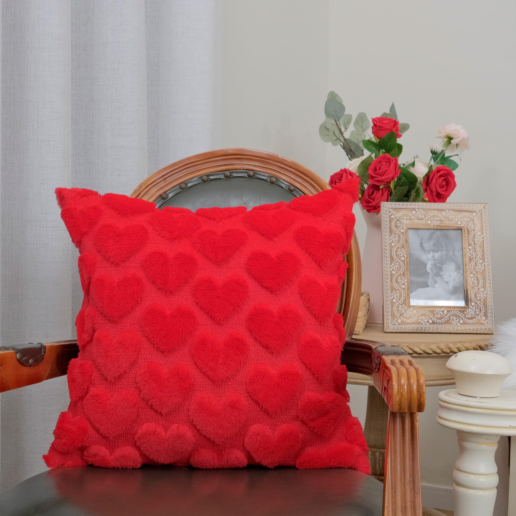 GEEORY Valentines Day Soft Plush Love Heart Pillow Covers, 18 x 18 Inch Set of 2, Faux Fur Wool Decorative Anniversary Cushion Case for Sofa Home Decoration Red GC010-18