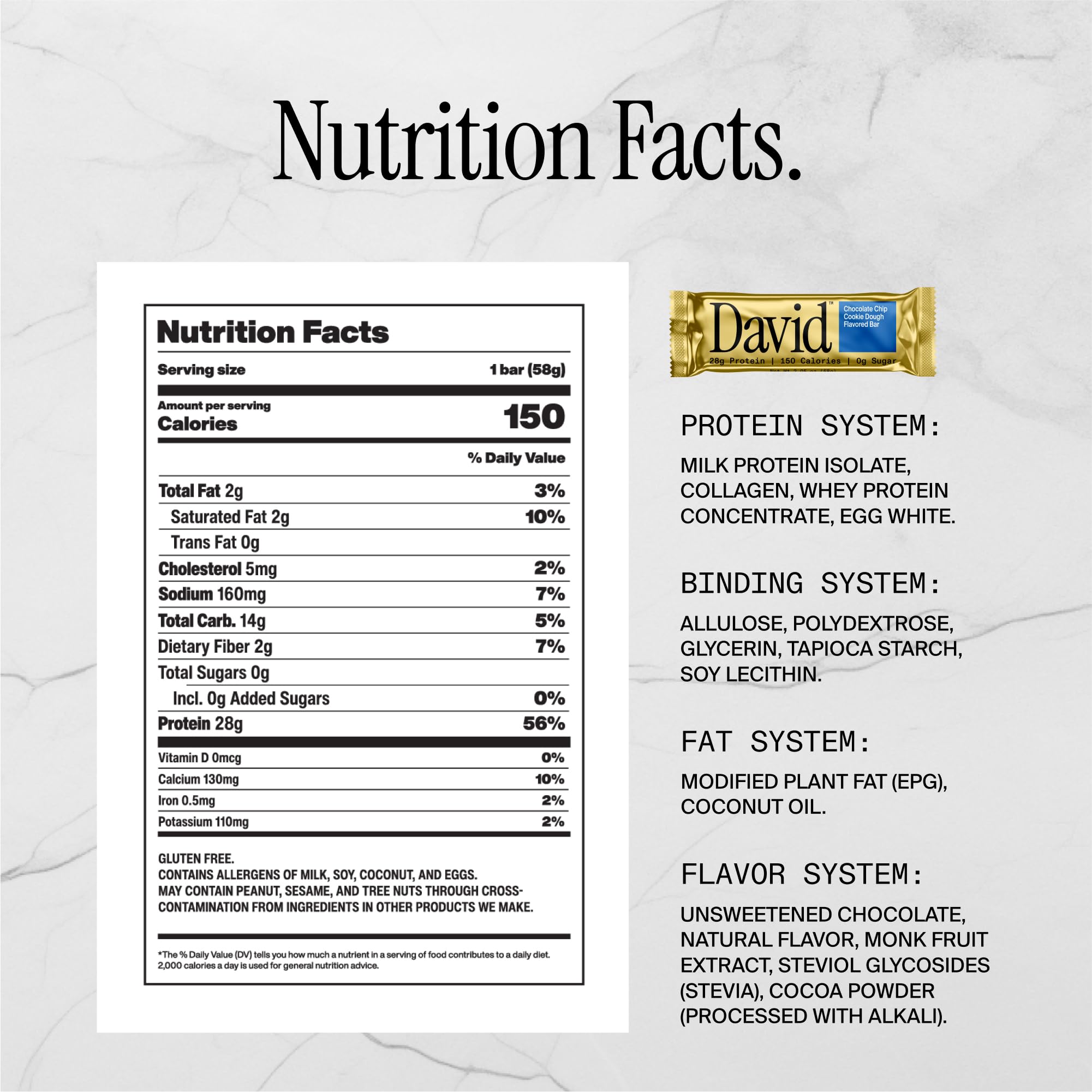 David, Protein Bar, Chocolate Chip Cookie Dough, Pack of 12 Protein Bars | 28g of Protein | 150 Calories | 0g of Sugar - High Protein, Low Carb, Gluten Free Protein Bar