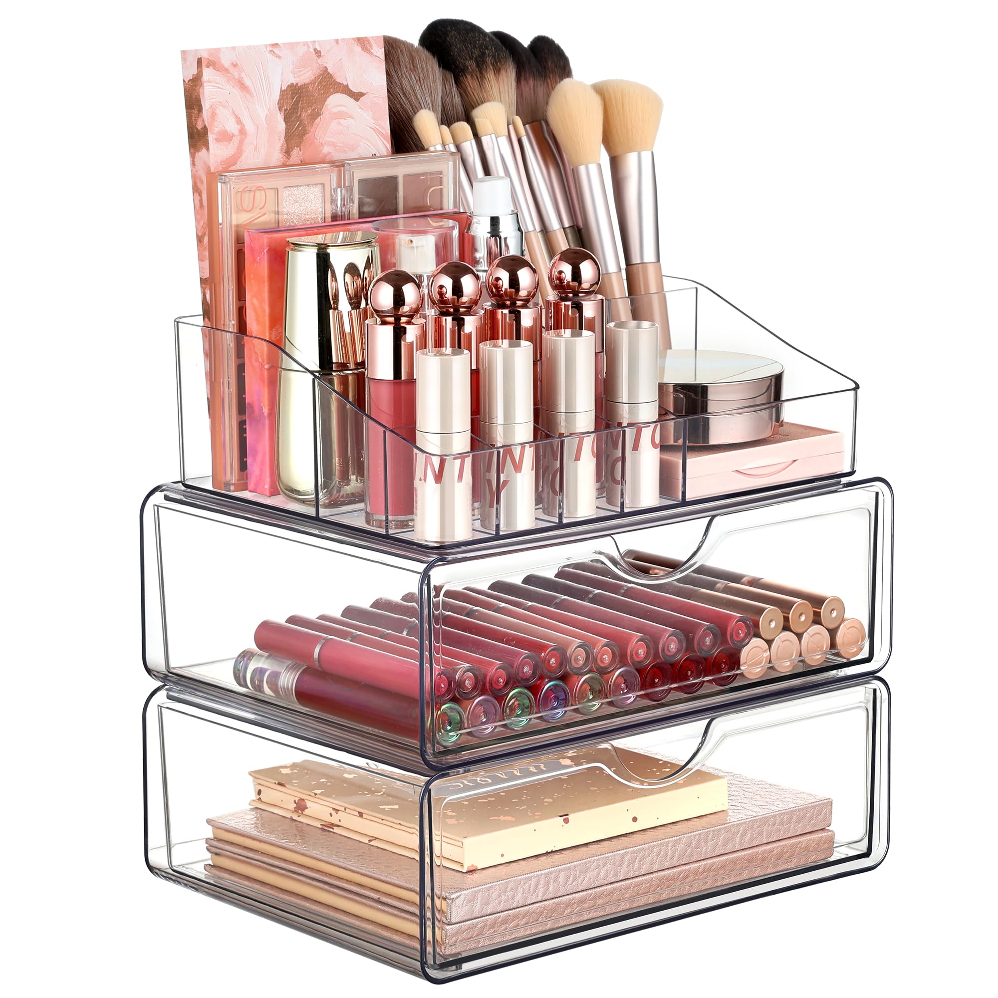 Vtopmart 3 Tier Clear Makeup Organizer with Drawer, Cosmetic Storage for Dresser Countertop and Bathroom Vanity, Beauty Holder for Lipstick Brush Skincare