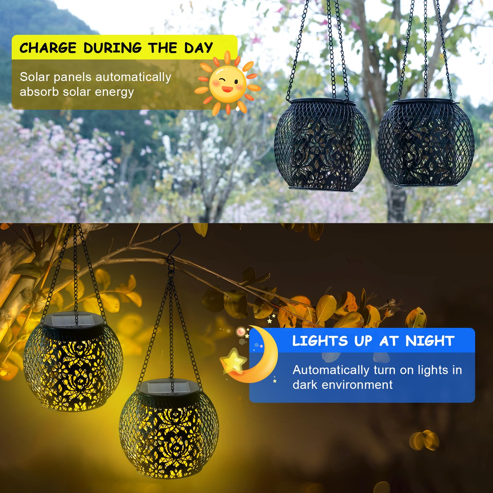 Mizmakp 2Pack Hanging Solar Lanterns Outdoor Waterproof, Upgraded Solar Lights Garden, IP65 Waterproof Metal Solar Lanterns with Pattern, Solar Garden Lights Outside for Patio Yard Porch Pathway Fence