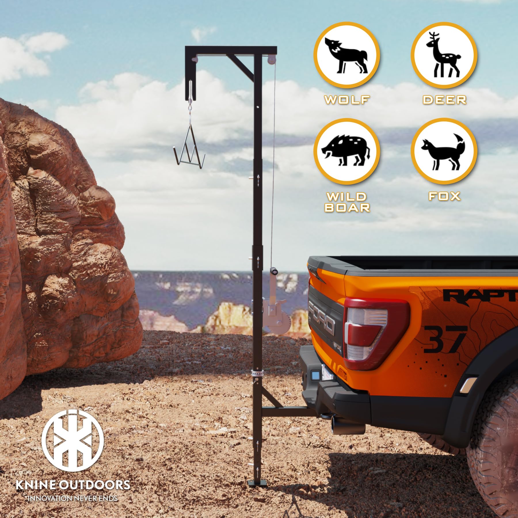 KNINE OUTDOORS Portable Game Hoist with 600 Pounds Capacity Truck Hitch Mount Deer Hanger with 360 Degree Swivel Complete Hoist Kit with Winch and Gambrel for Hunting Season Game up to 600lbs