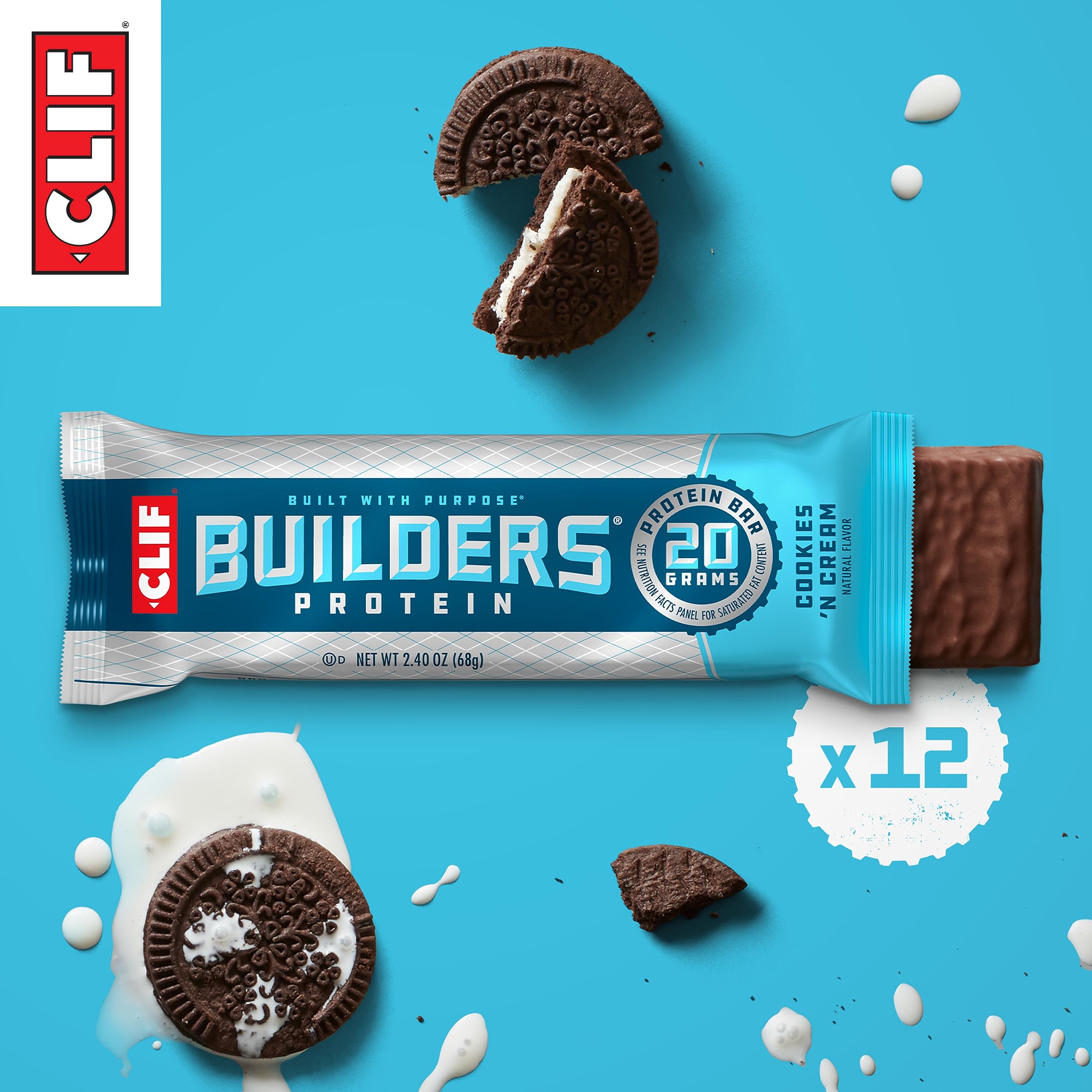 CLIF Builders - Cookies 'n Cream Flavor - Plant Based Protein Bars - Gluten Free - Non-GMO - Low Glycemic - 20g Protein - 2.4 oz. (12 Count)