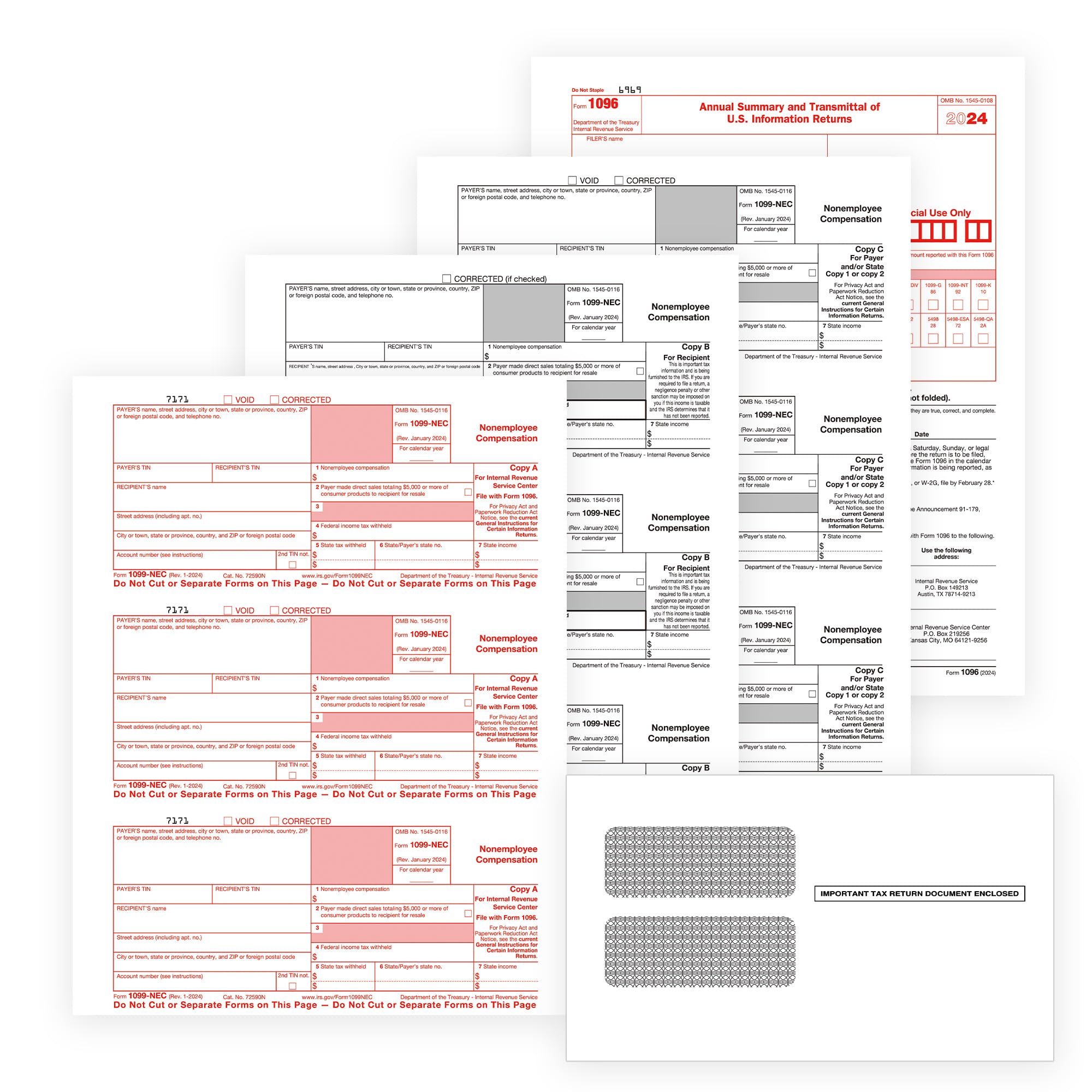 1099-NEC Forms for 2024, 4-Part Tax Forms, Vendor Kit of 25 Laser Forms and 25 Self-Seal Envelopes, Forms Designed for QuickBooks and Other Accounting Software