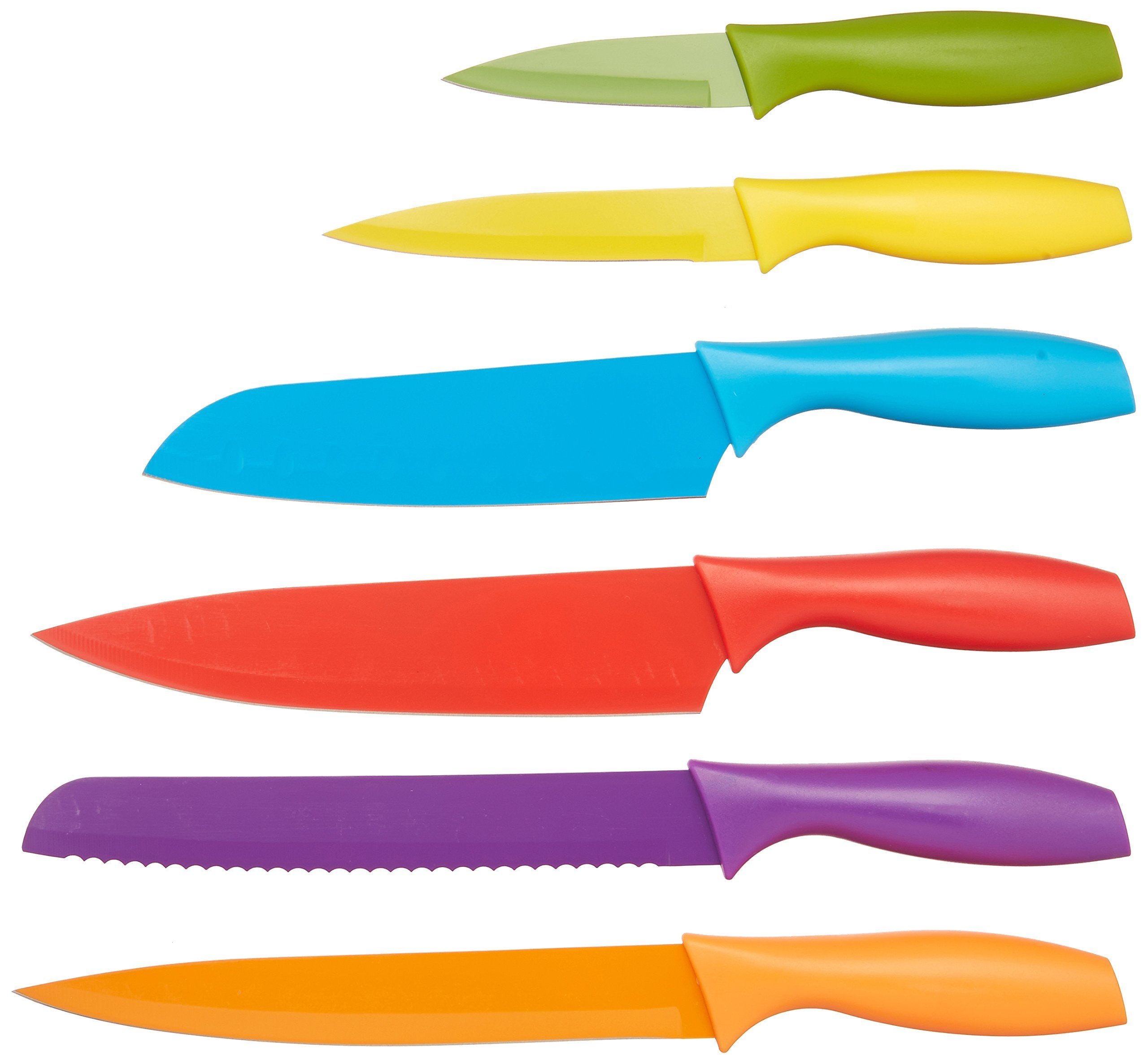 Amazon Basics Color-Coded Dishwasher Safe Kitchen 12-Piece Knife Set, 6 Knives with 6 Blade Guards, Multicolor, 13.88 x 4.13 x 1.38 inch