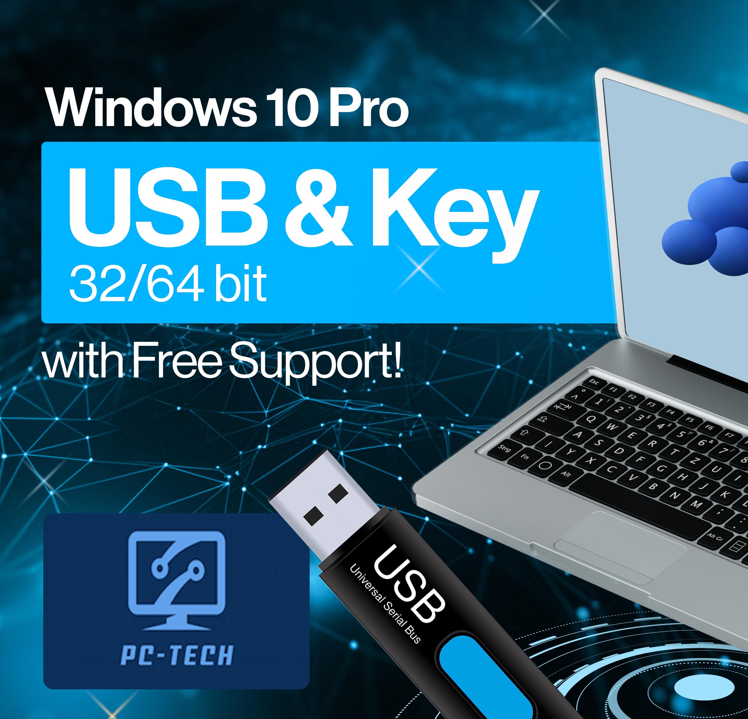 PC-TECH Compatible with Windows 10 Professional 64 Bit USB With Key. Factory fresh, Recover, Repair and Restore. Key code and USB install Included. Fix PC, Laptop and Desktop. Free Technical Support