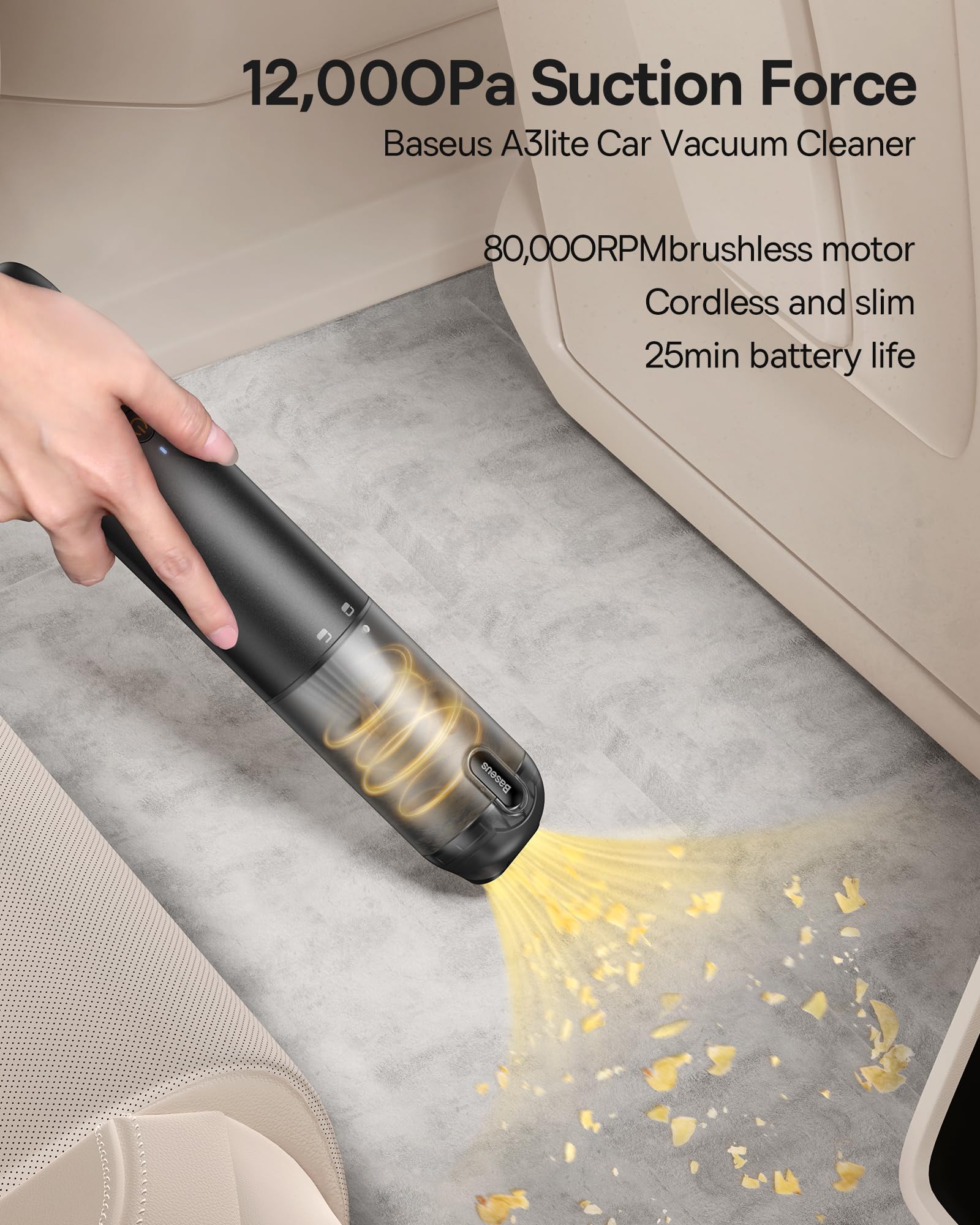 Baseus Car Vacuum Cleaner High Power, A3 Lite 12kPa Handheld Car Vacuum Portable Cordless with USB C Fast Charging, Single Touch Empty, 4-in-1 Air Blower Inflator Pump for Swim Rings, Air Mattress