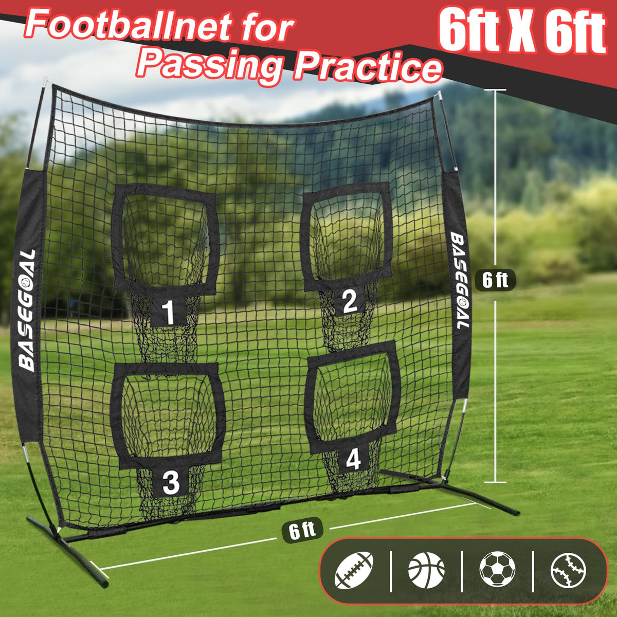 BaseGoal 6x6 Ft Football Nets for Throwing,Football Target,Quarterback Training Equipment with 4 Target Pockets for Improving Football Accuracy Throwing