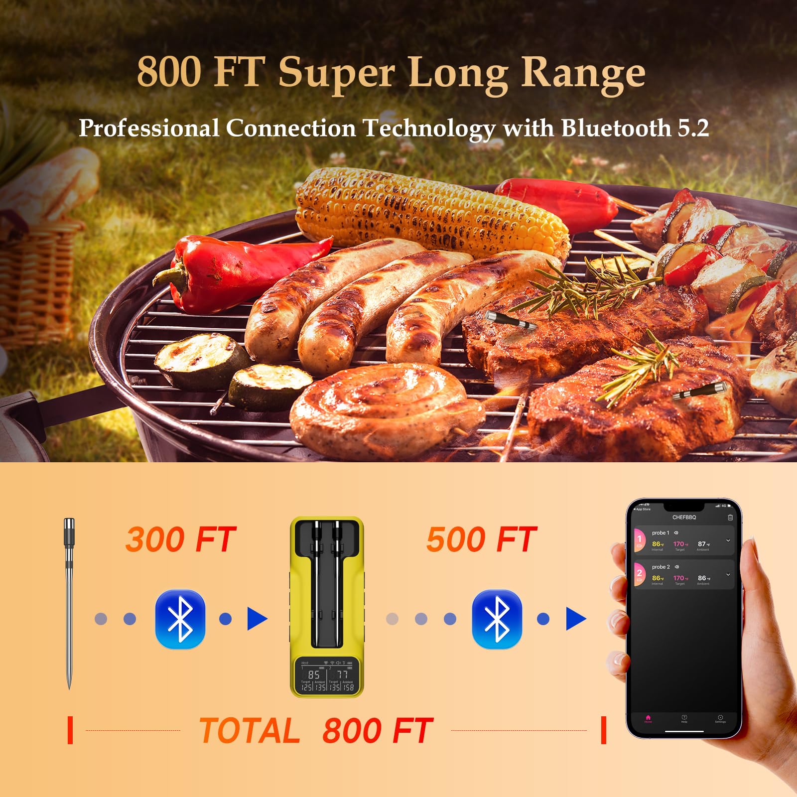 800FT Smart Wireless Meat Thermometer with Digital Meat Probe, Bluetooth Meat Thermometer with App Host Control for Barbecue, Outdoor Grilling, Oven & Smoker (Two*Probe-04)