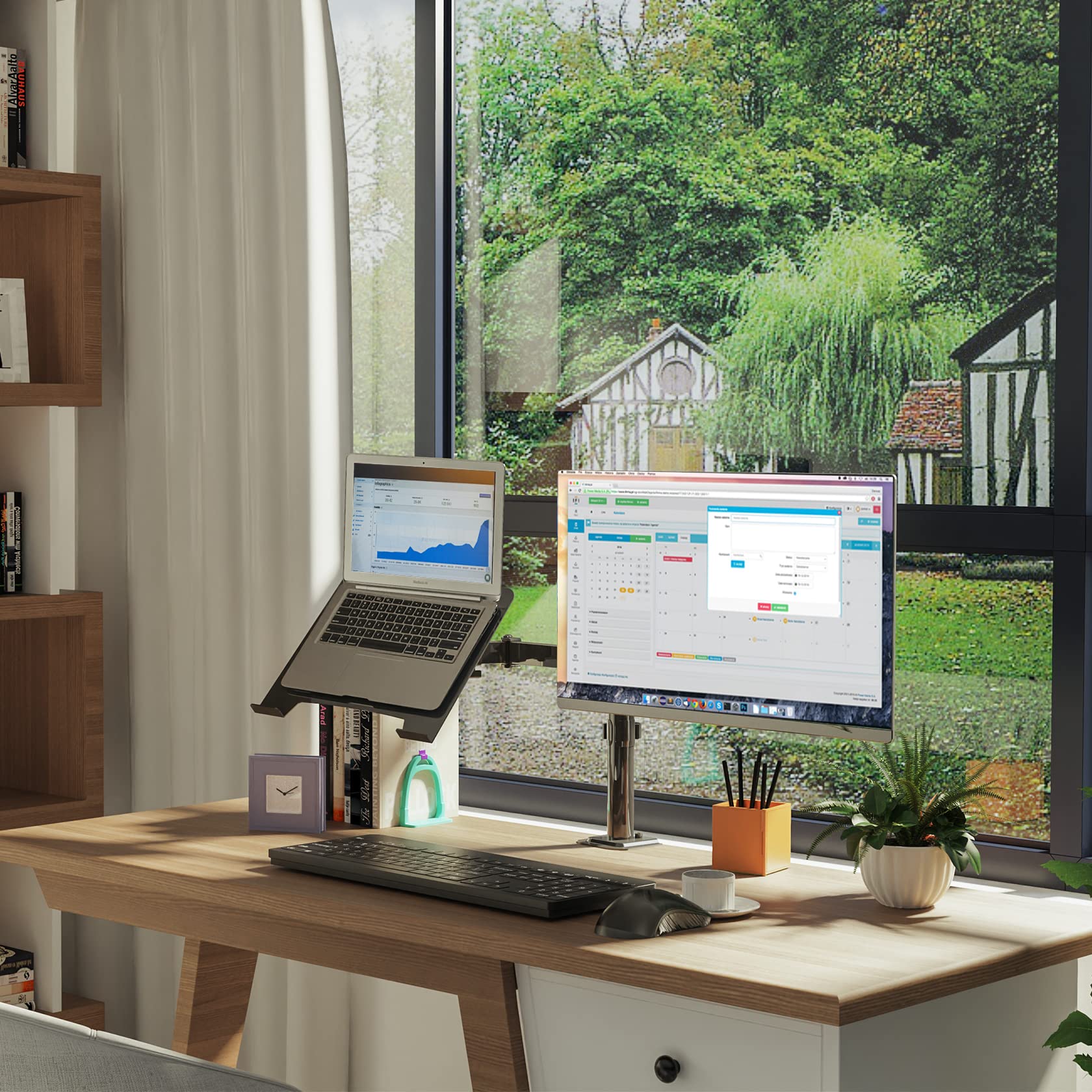 UPGRAVITY Monitor and Laptop Mount, Monitor Arm with Vented Tray for 13" to 27" LCD Computer Screens and Notebook up to 17 inch, Fully Adjustable Laptop Mount Stand Holds up to 17.6lbs