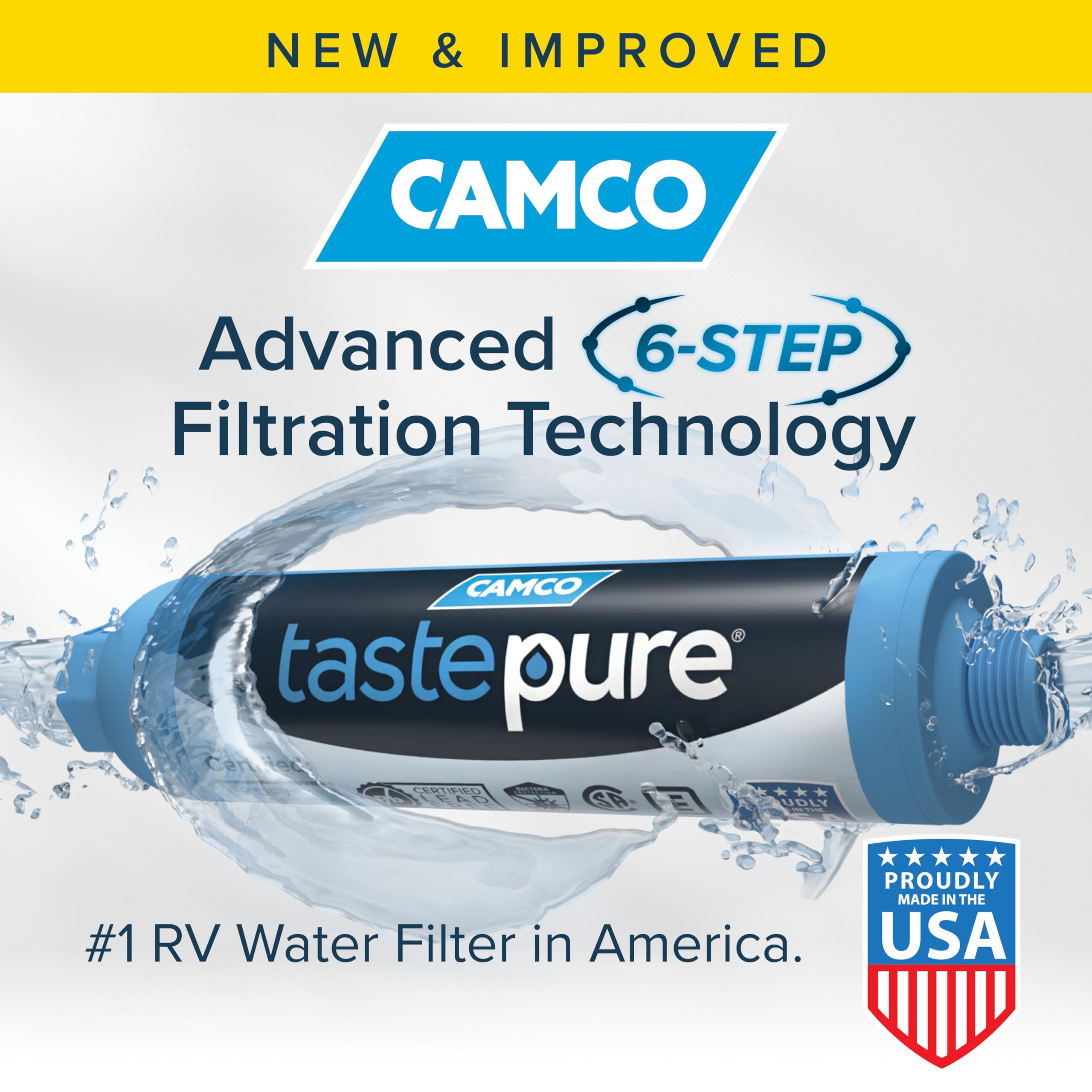 Camco TastePURE RV Water Filter - New Advanced 6-Step Patent-Protected Filtration - Camping Essentials for Fresh Drinking Water - 2-Pack of RV Inline Water Filters, Made in USA (40045)