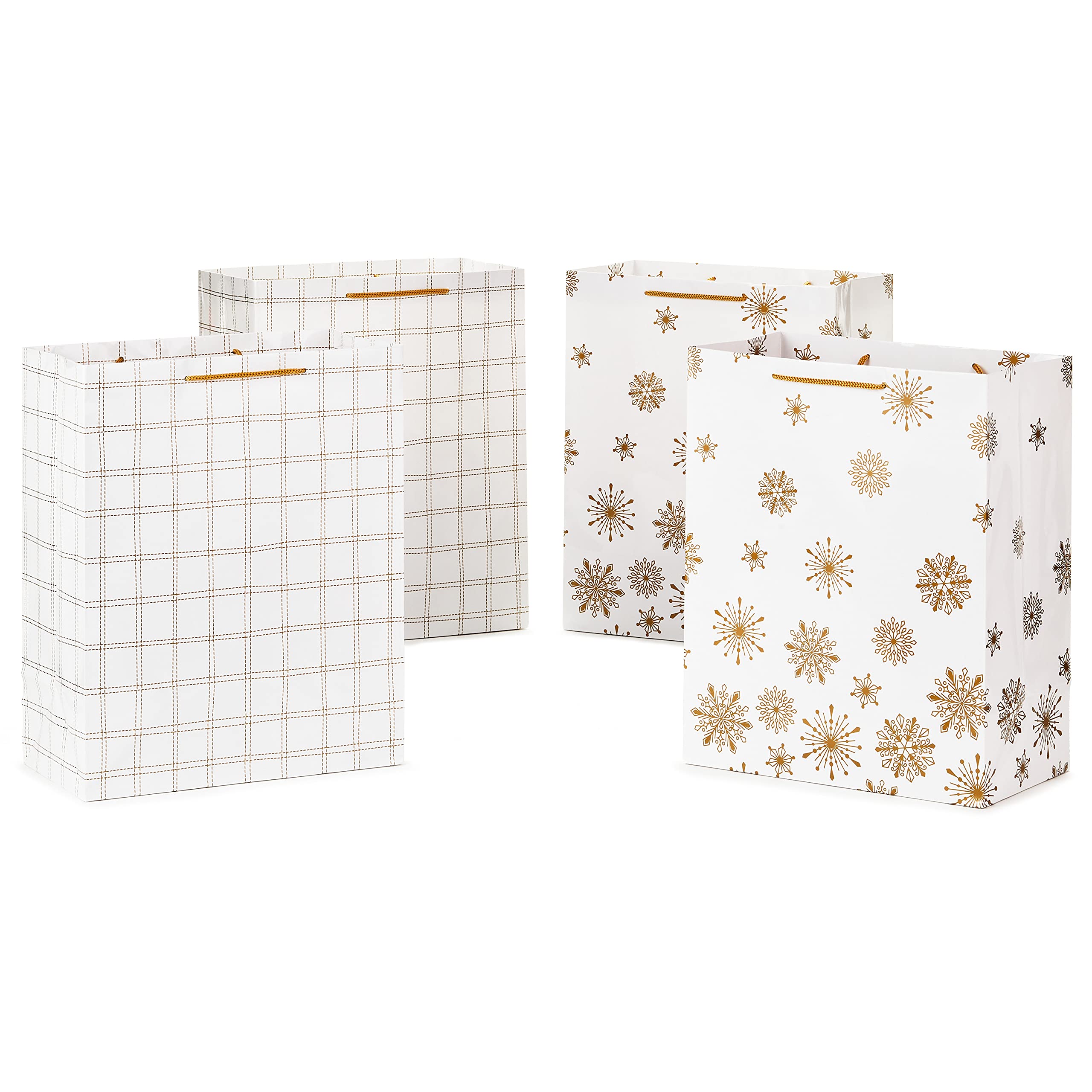 Hallmark 13" Christmas Gift Bags (4 Large White Bags: Gold Snowflakes, Gold Plaid) for Holiday Parties, Winter Weddings, Bridal Showers