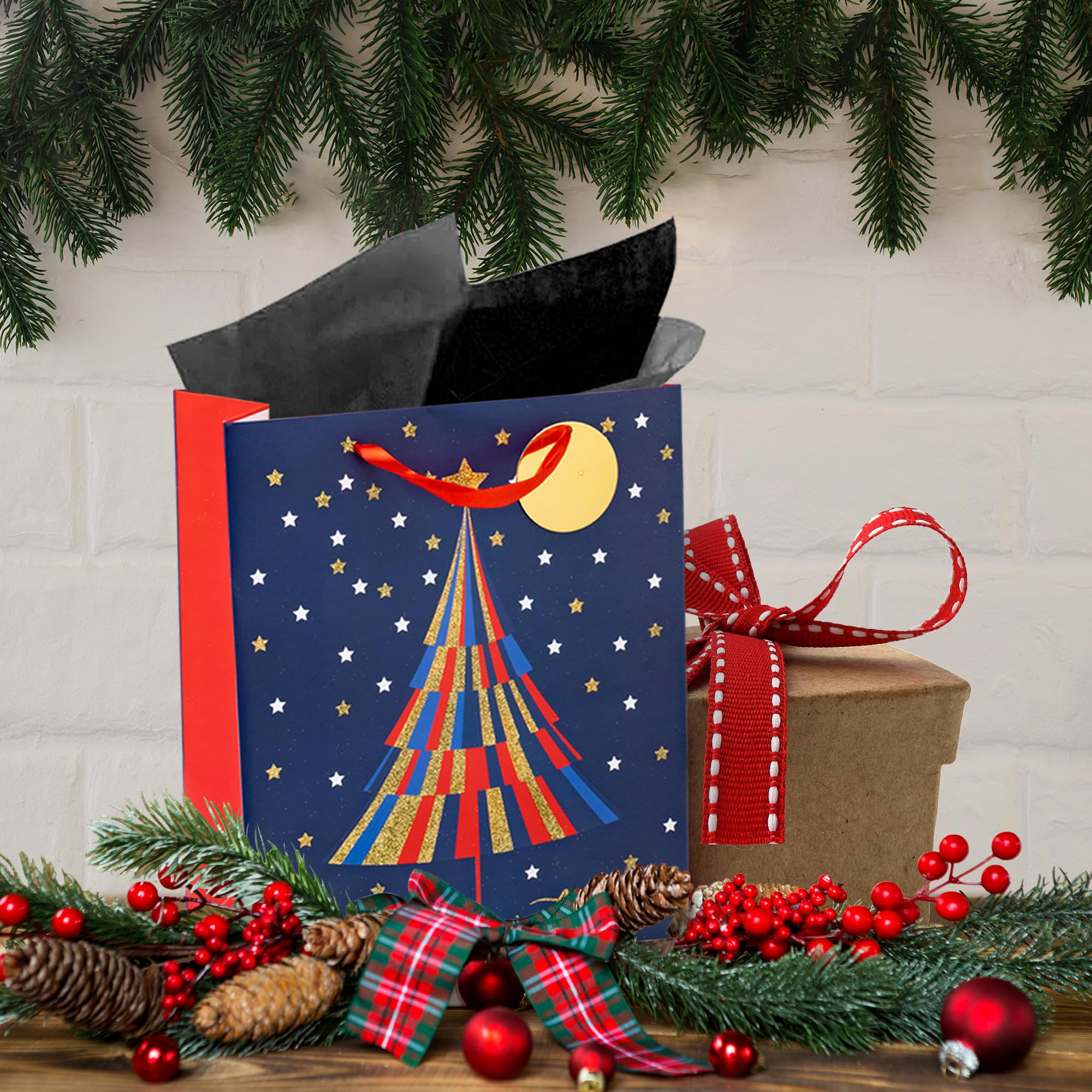 Christmas Gift Bags (Medium, 13"x10"x4") - 2 Pack Sturdy Paper Gift Bags with Tissue Paper, Tag and Handle - Holiday Trees Design - Ideal Party Favors and Gifting this Christmas Holiday Season