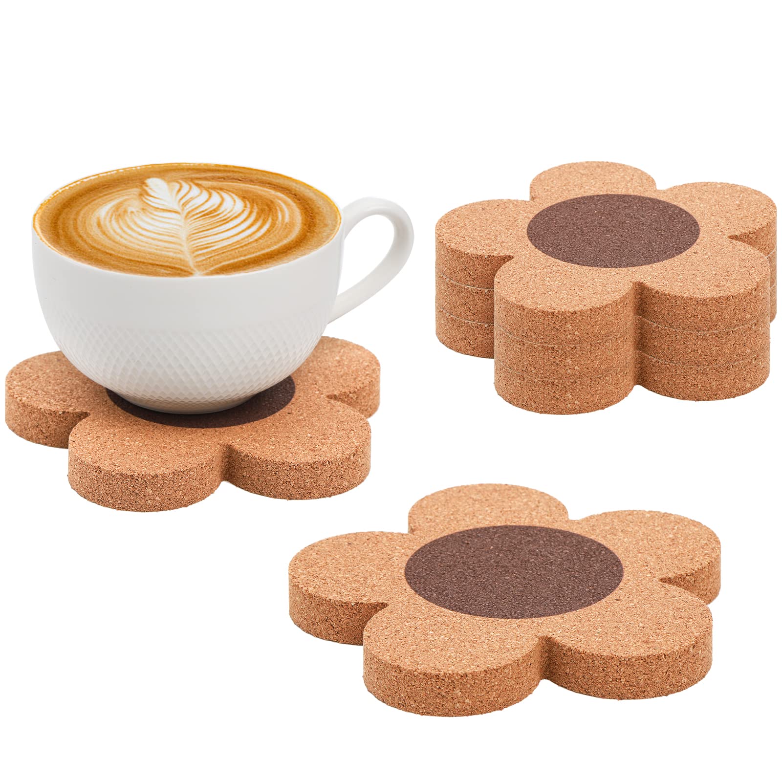 Fasmov 12 Pack 3/8" Thick Cork Coasters, 4 Inch Flower Shape Absorbent Natural Cup Coasters Heat Resistant Coasters for Drinks, Wine Glasses, Cups & Mugs