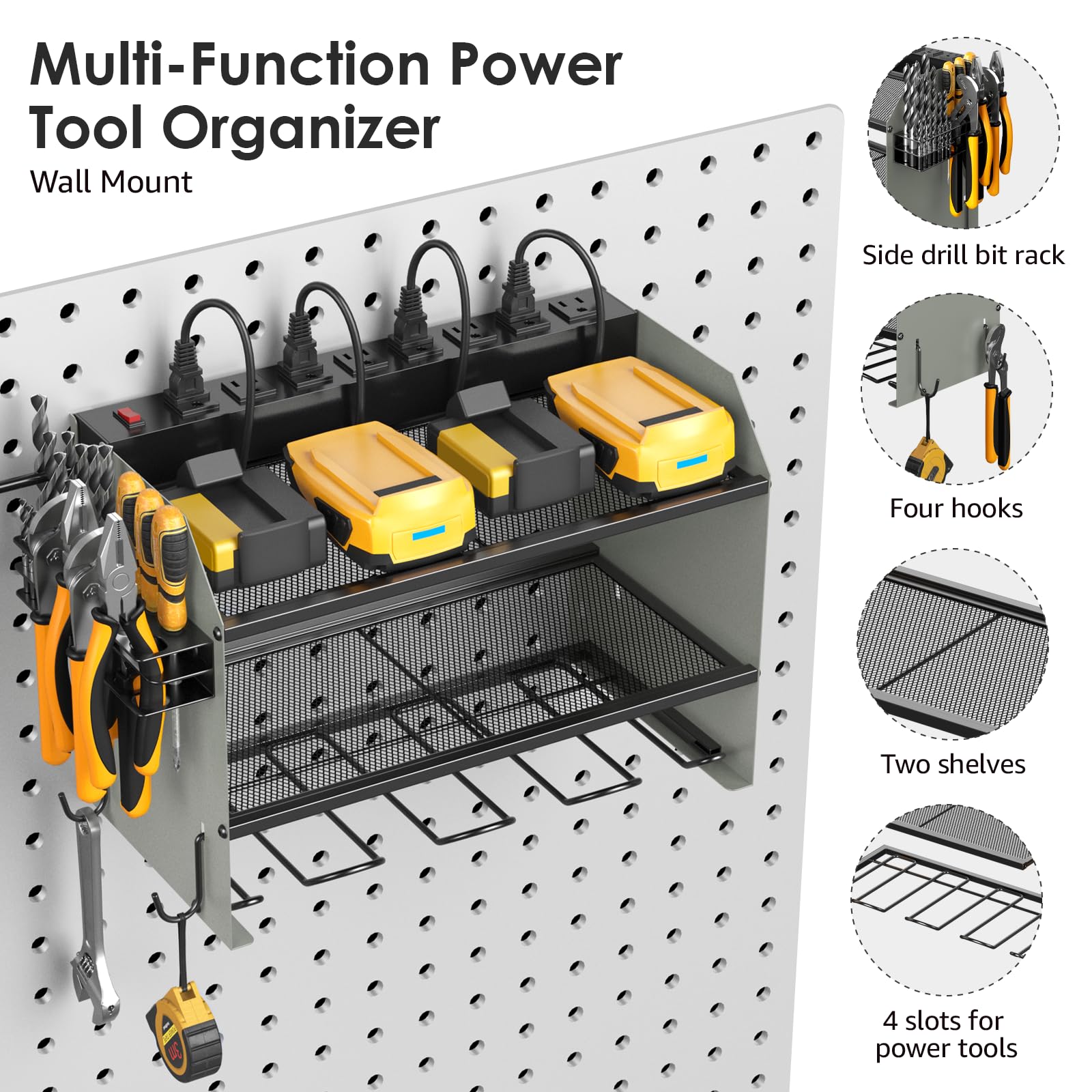 CCCEI Set Power Tool Organizer Wall Mount with Charging Station. Garage 4 Drill Storage Shelf with Hooks, Heavy Duty Metal Tool Battery Charger Organizer. Shop Utility Rack with Power Strip Grey.