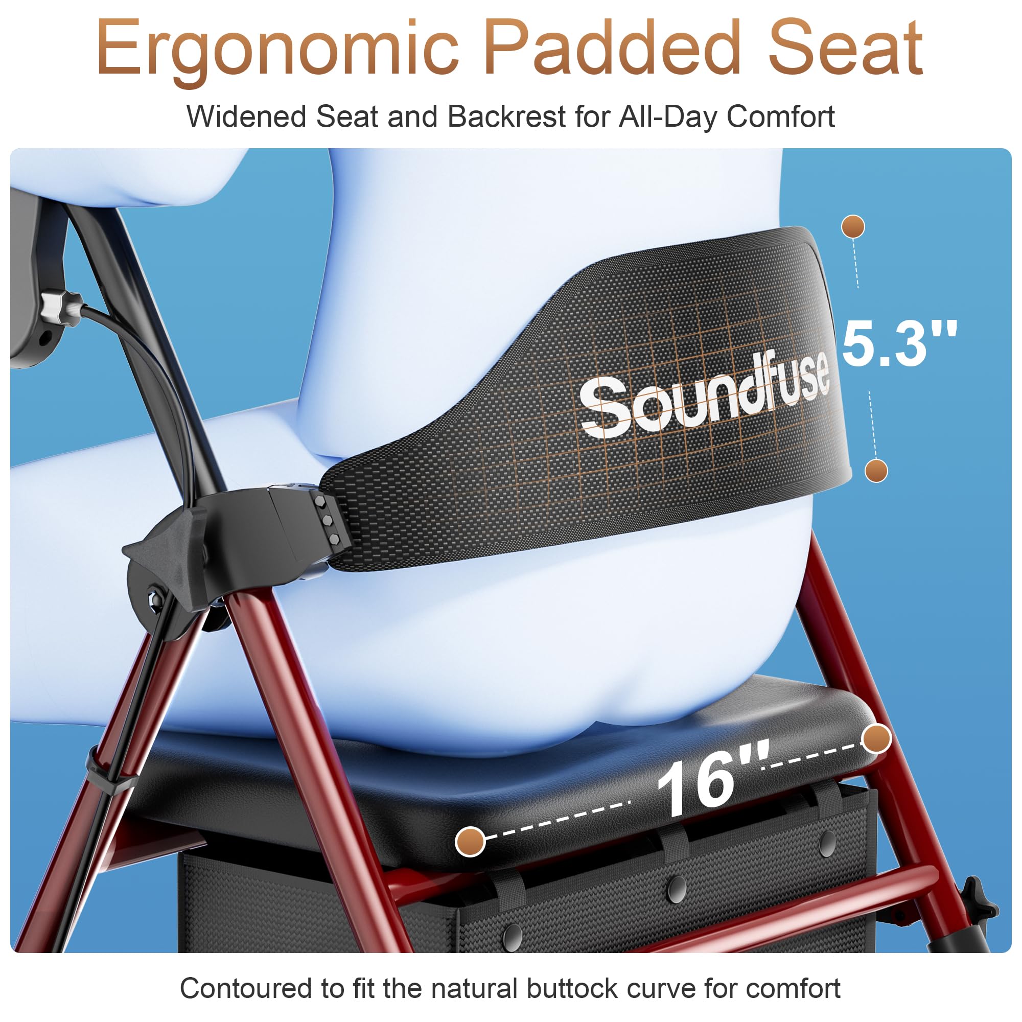 SOUNDFUSE Walkers for Seniors, Rollator Walker with Seat, 8" All Terrain Wheels, Double Support Bar, 350lb, 16" Ergonomic Arc Seat and Comfortable Backrest, Dual Height Adjustable and Foldable Design
