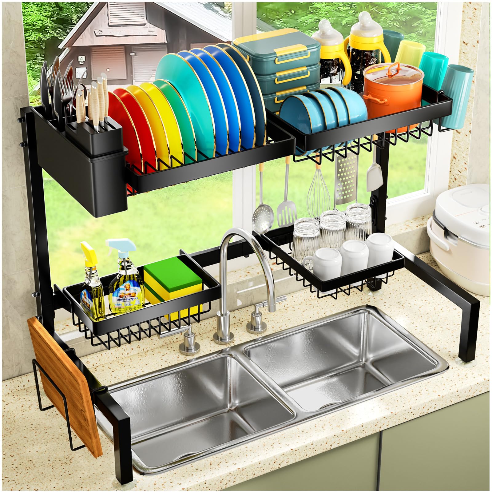 YKLSLH 4 Baskets Over The Sink Dish Drying Rack, Extendable Large Capacity Sink Rack, Metal Drying Rack Saving Space,for Most Sinks (24.8 "-35.4")