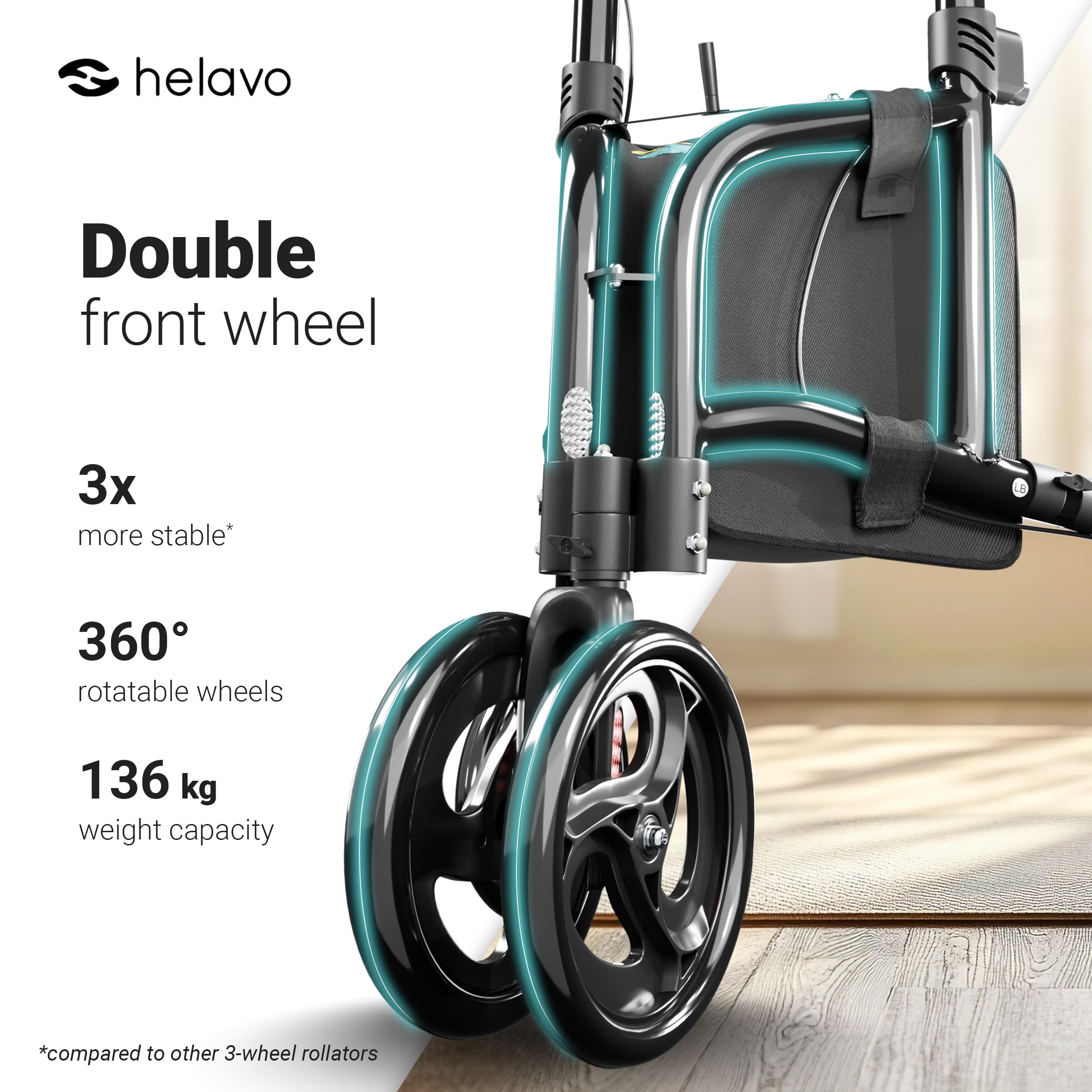 Helavo 3 Wheel Walker for Seniors with Double Front Wheels, Lightweight Foldable Narrow Walker for Small Spaces, Compact Aluminum Mobility Aid with Height Adjustable Handles