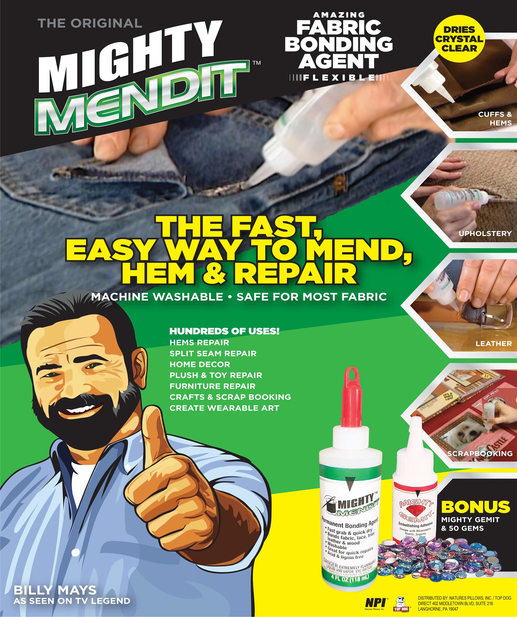 Mighty MENDIT™, Permanent Fabric Adhesive, Flexible Stretchable Washable, Clear, 4 oz, Plus Mighty GEMIT™, Embellishing Adhesive, 1 oz. Includes 50 Gems
