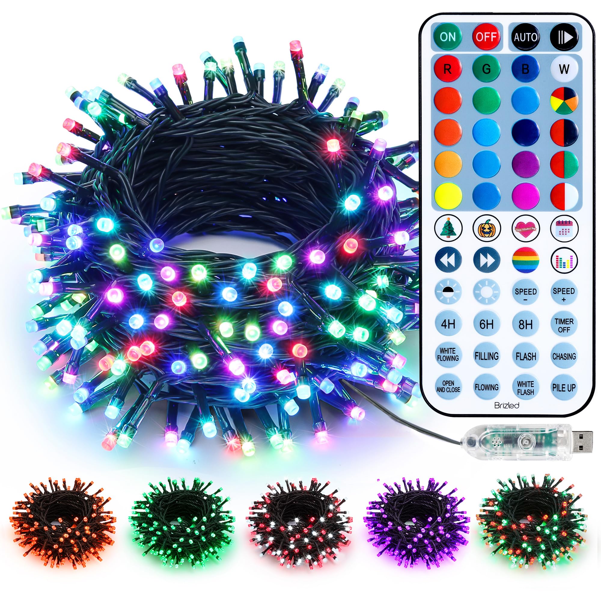 Brizled Color Changing LED Christmas Lights, 33ft 100 Lights String with Remote, Dimmable RGB Decorative Lights for Xmas Wreath and Holiday Decor