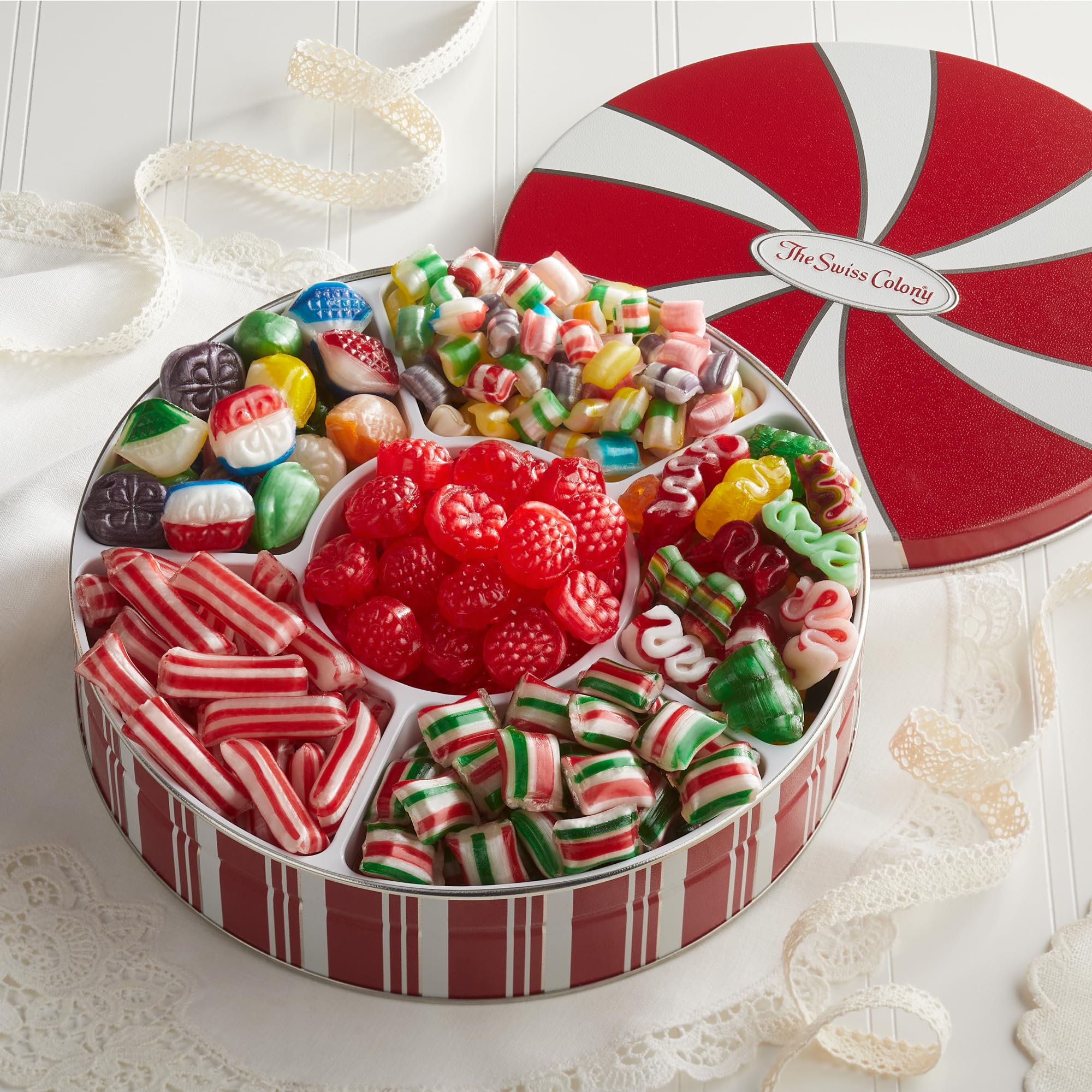 The Swiss Colony Traditional Candy Tin - Ultimate Old Fashioned Candy Assortment with Nostalgic Hard Candy, Mini Ribbons, Striped Mint Straws and More Favorites, Candy Gift Boxes for Adults, Fancy Christmas Candy, Candy Gift Basket, Christmas Candy Tin, T