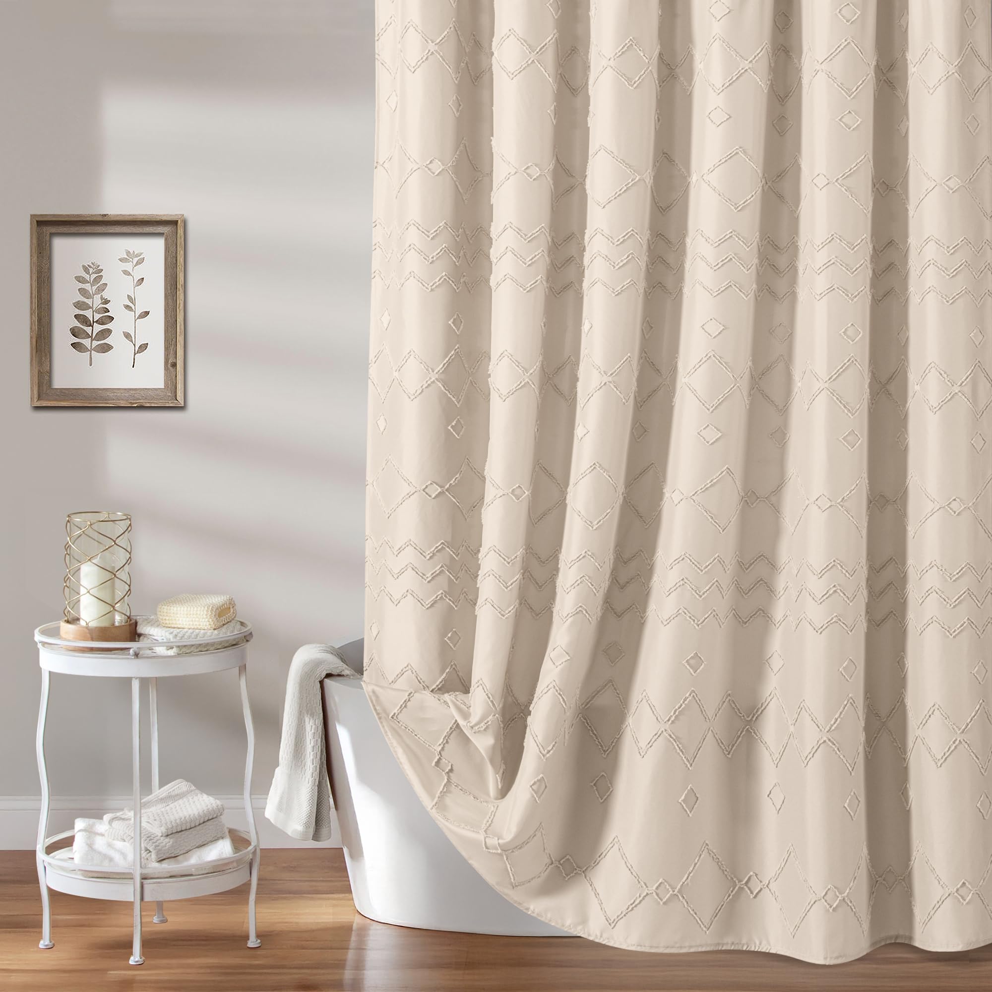 Seasonwood Beige Shower Curtain, Boho Woven Tufted Geometric Fabric Shower Curtain for Bathroom Modern Shabby Chic Textured Waterproof Farmhouse Cloth Shower Curtains, 72 x 72 Inches