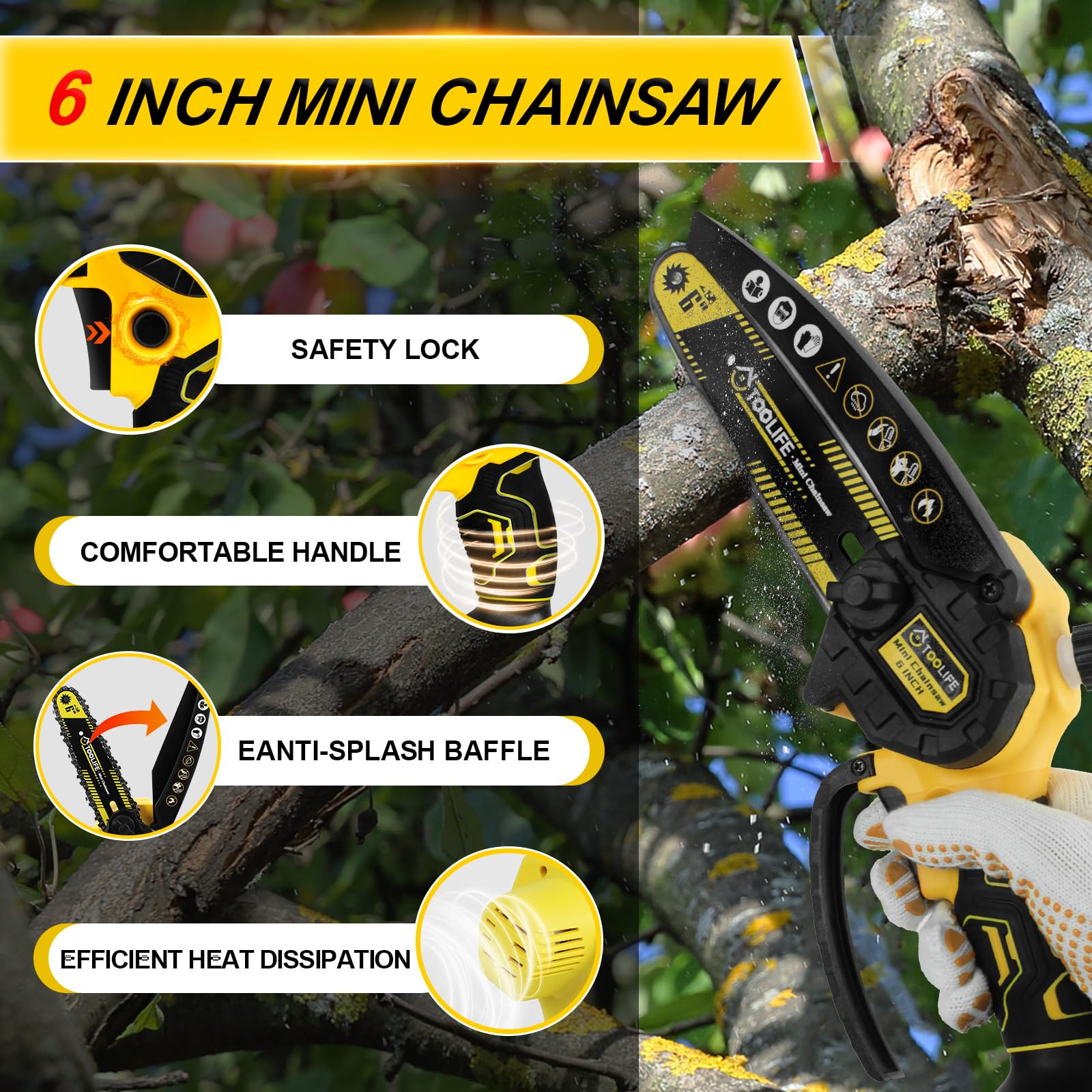 TOOLIFE Mini Chainsaw Cordless 6 Inch, Handhled Chainsaw with 2 Batteries & Auto Oiling System, Electric Chainsaw for Tree/Wood Cutting, Best Christmas Birthday Gifts for Men Dad Him Stocking Stuffers