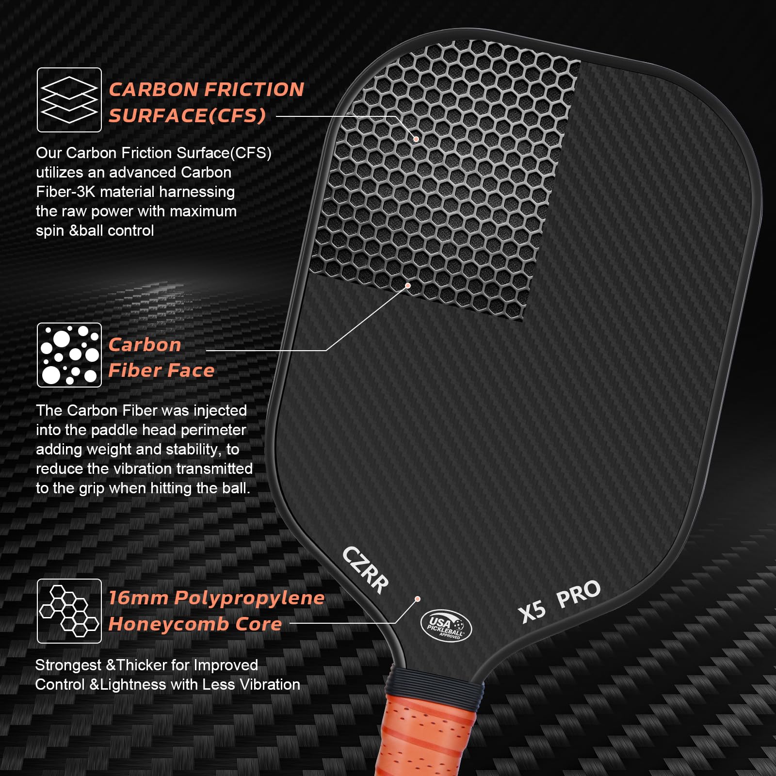 Pickleball Paddle, USA Pickleball Approved, 3K Raw Carbon Fiber Surface (CFS) High Grit & Spin, with 16MM Polypropylene Honeycomb Core, Ideal for Novice and Professional Players