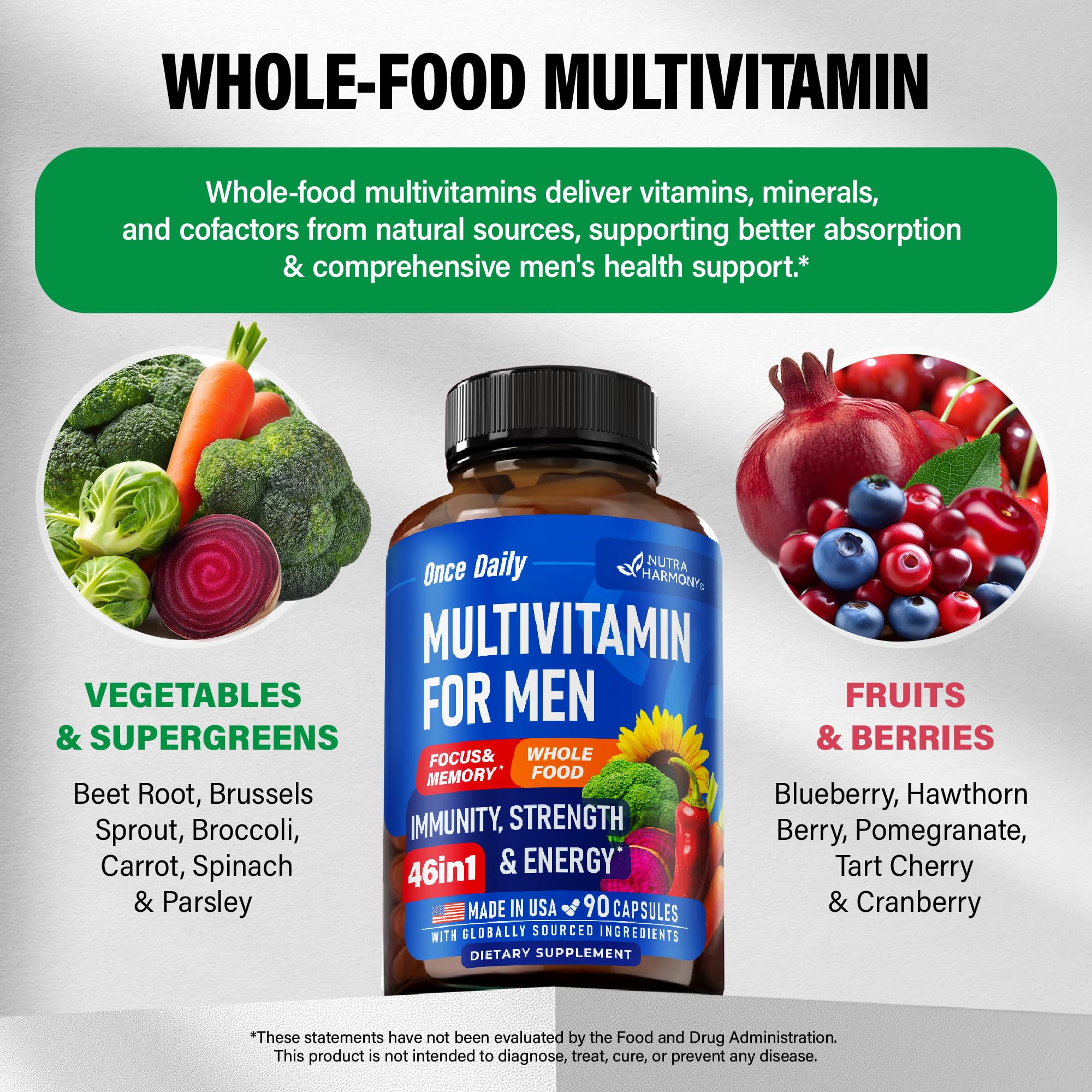 Multivitamin for Men - B-Complex | Whole Foods & Enzymes - Energy, Focus & Brain | Men's Health Complex - 46in1 Mens Multivitamin - Bioavailable & Gentle on Stomach - Made in USA - 90 Capsules, 1/Day
