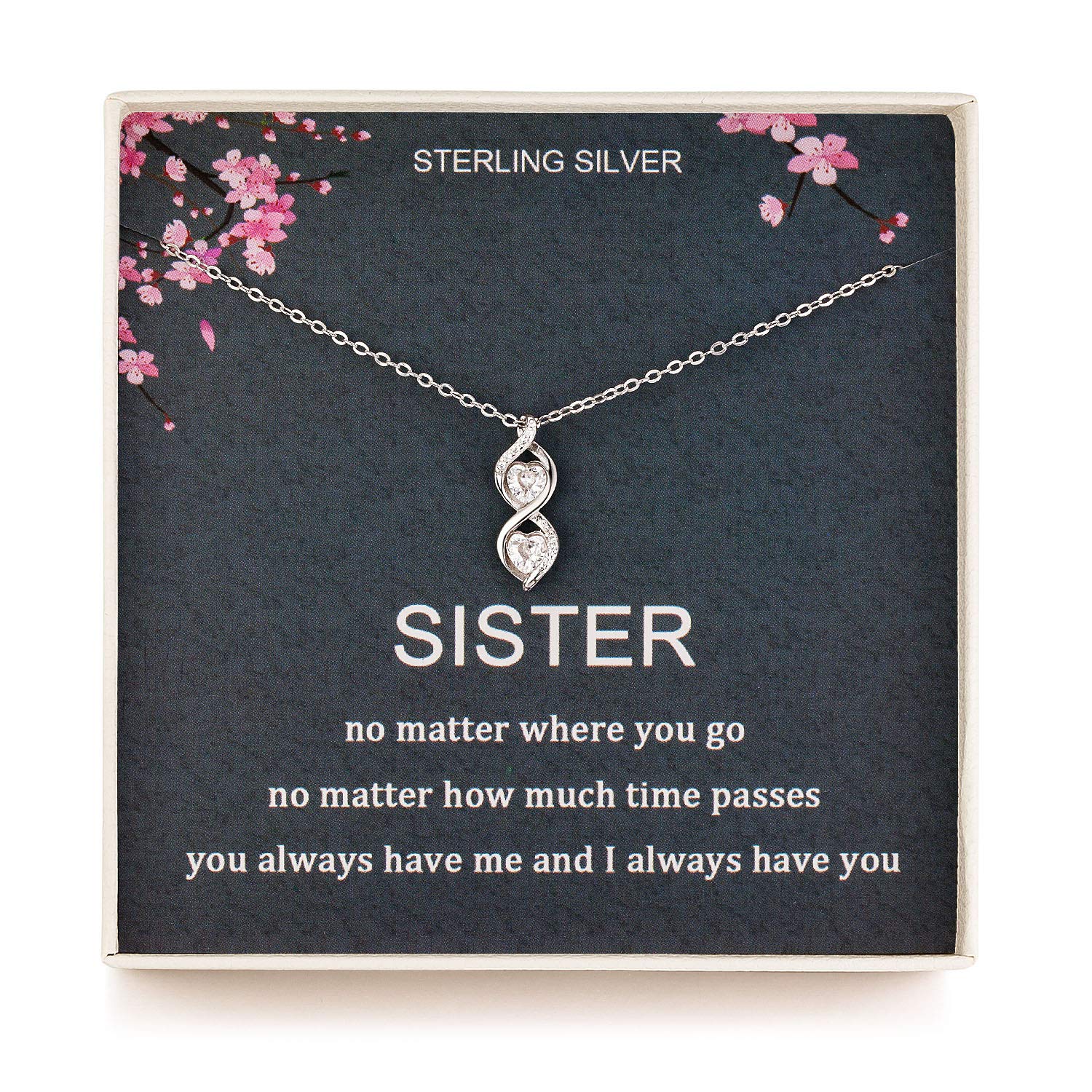 Sister Gifts from Sister, Sterling Silver Infinite Two Interlocking Infinity Double Hearts Necklace, Birthday Jewelry Gift Necklaces for Sisters, No Matter