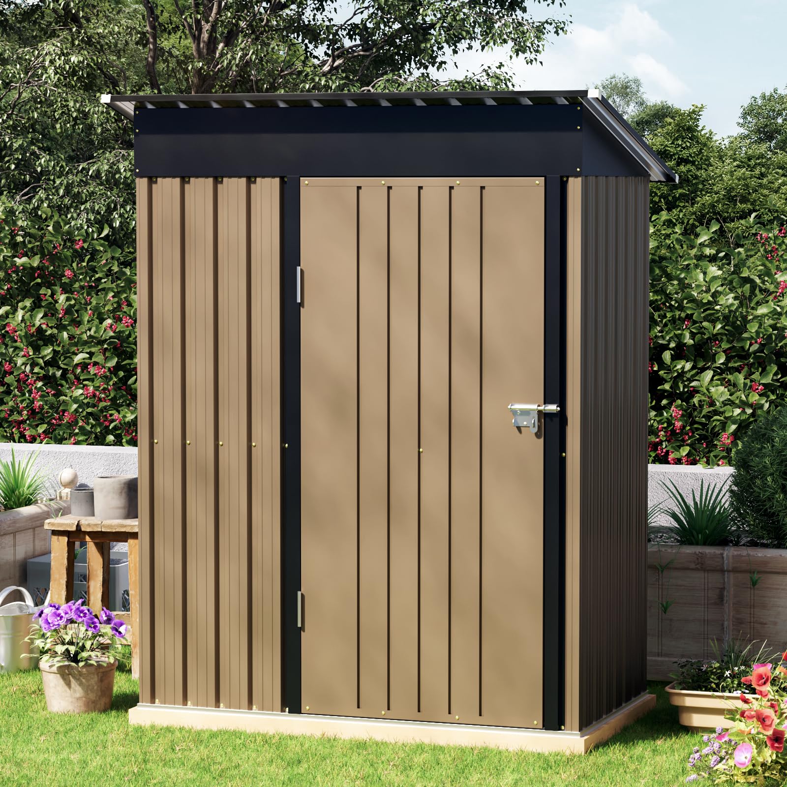Grovellis 3x5 FT Outdoor Metal Storage Shed with Floor Frame, Single Door, 1 Clear Window, Tool Shed for Garden, Patio, Backyard Brown