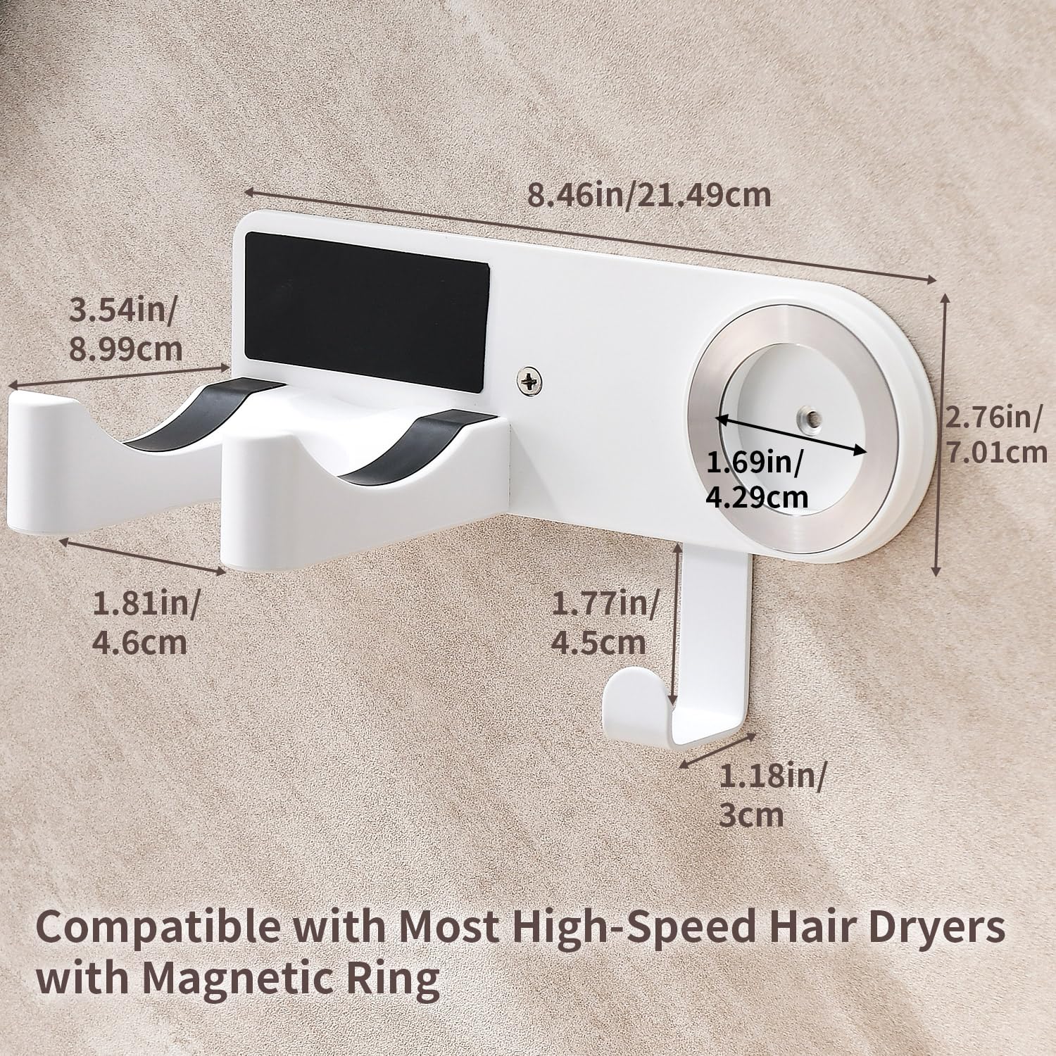Hair Dryer Holder Wall Mounted, Hair Dryer Organizer Self Adhesive Compatible with Dyson Blow Dryer Holder Aluminum BlowDryer Holder Wall Mounted for Bathroom White CHOCHOYAH