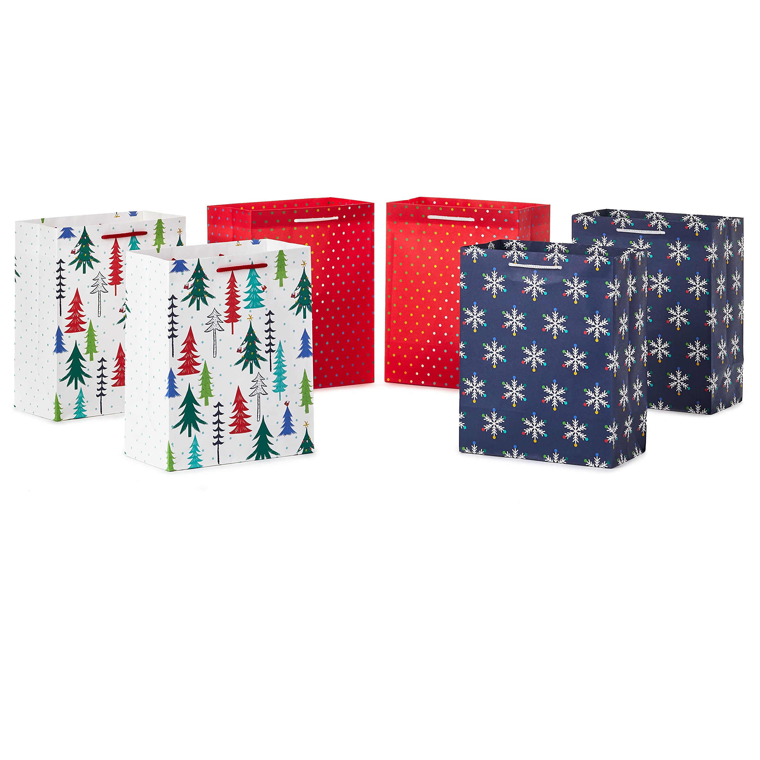 Hallmark 9" Christmas Gift Bags (6 Medium Bags, 3 Designs: Red Polka Dot, Colorful Trees, Navy Snowflake) for Holiday Partes, Winter Weddings, Birthdays