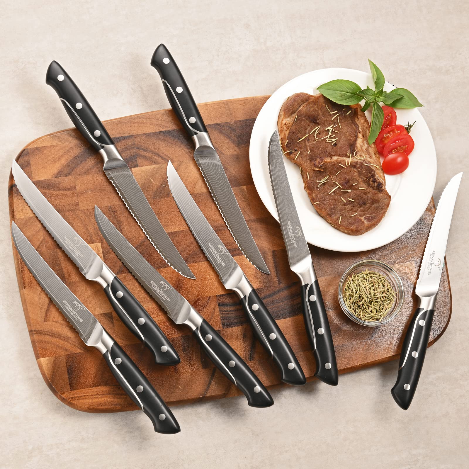 18 Pieces Damascus Kitchen Knife Set, 8 Piece Steak Knives, Non-slip ABS Ergonomic Triple Rivet Handle for Meat Fork, Knife Sharpener and Shears, 17 Slots Wooden Knife Block